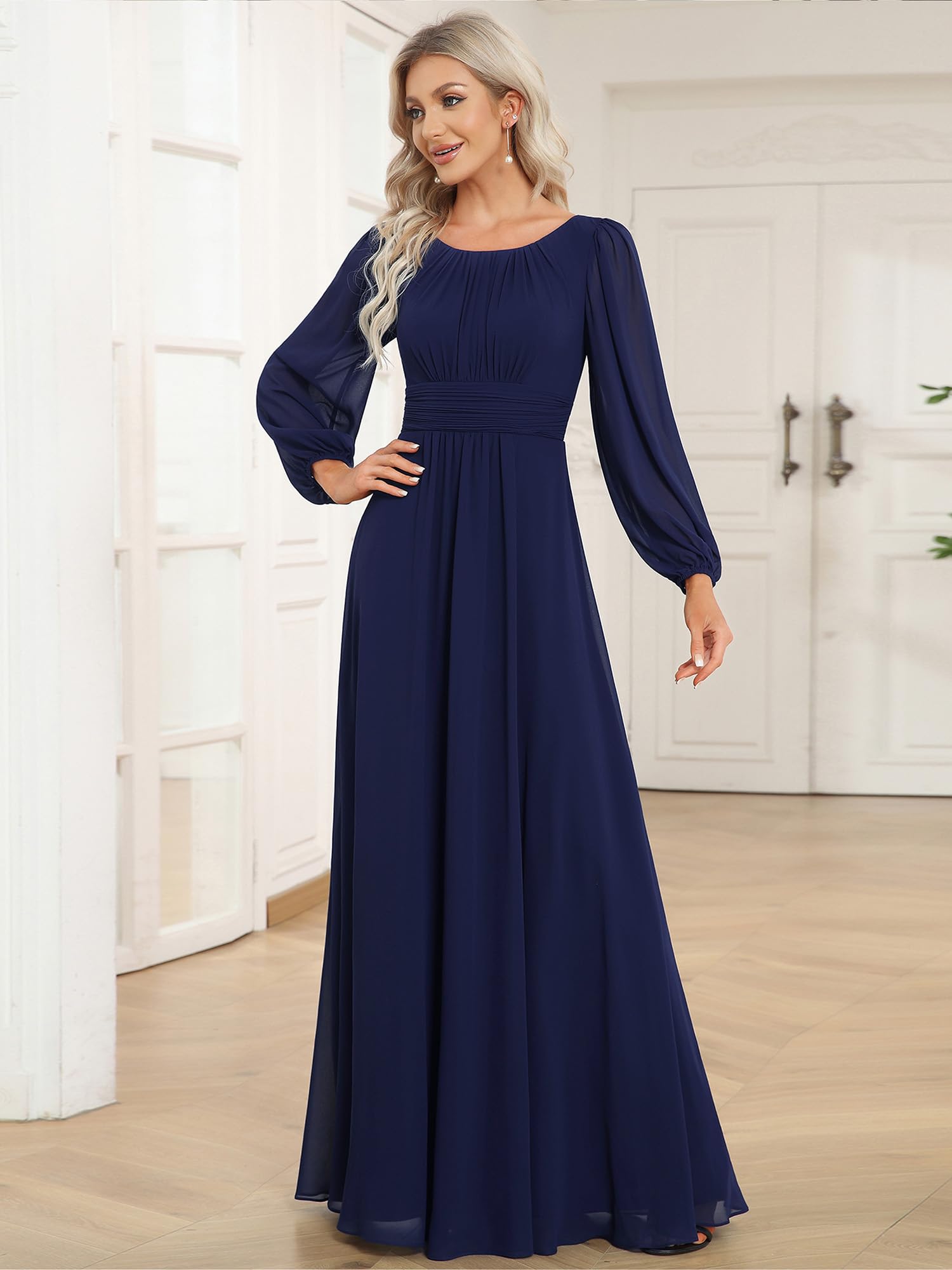 Ever-Pretty Robe Demoiselle d'honneur Femme Longue Manches Longues Col Rond Mousseline Chic ES0106B