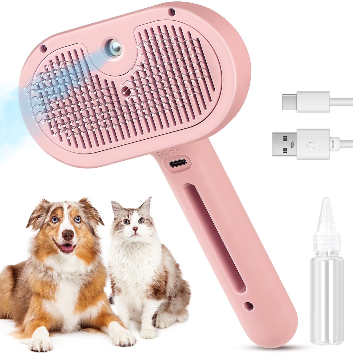 Steam Brush for Shedding Pets - Self-Cleaning Grooming Comb with Water Tank for Long & Short Haired Cats and Dogs (Pink)