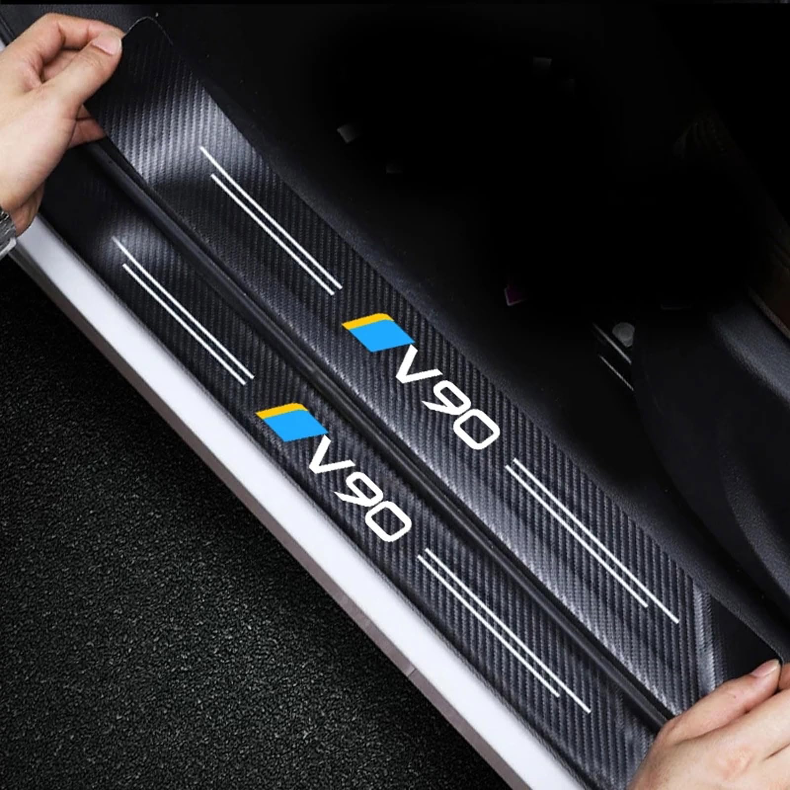 RIDGOEL 4Pcs for Volvo V90 Car Door Sill Protector Carbon Fiber Car Kick Plates Accessories Automobile Threshold Scuff Plate Cover Door Steps Welcome Pedal Decorative Strips