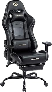 KCREAM Gaming Stuhl 150kg Belastbarkeit, PC Stuhl Ergonomischer Gaming Sessel mit Fußstütze, Drehbarer Schreibtischstuhl mit Rollen, Gamingstuhl mit Kopfstütze und Lumbalkissen, Schwarz