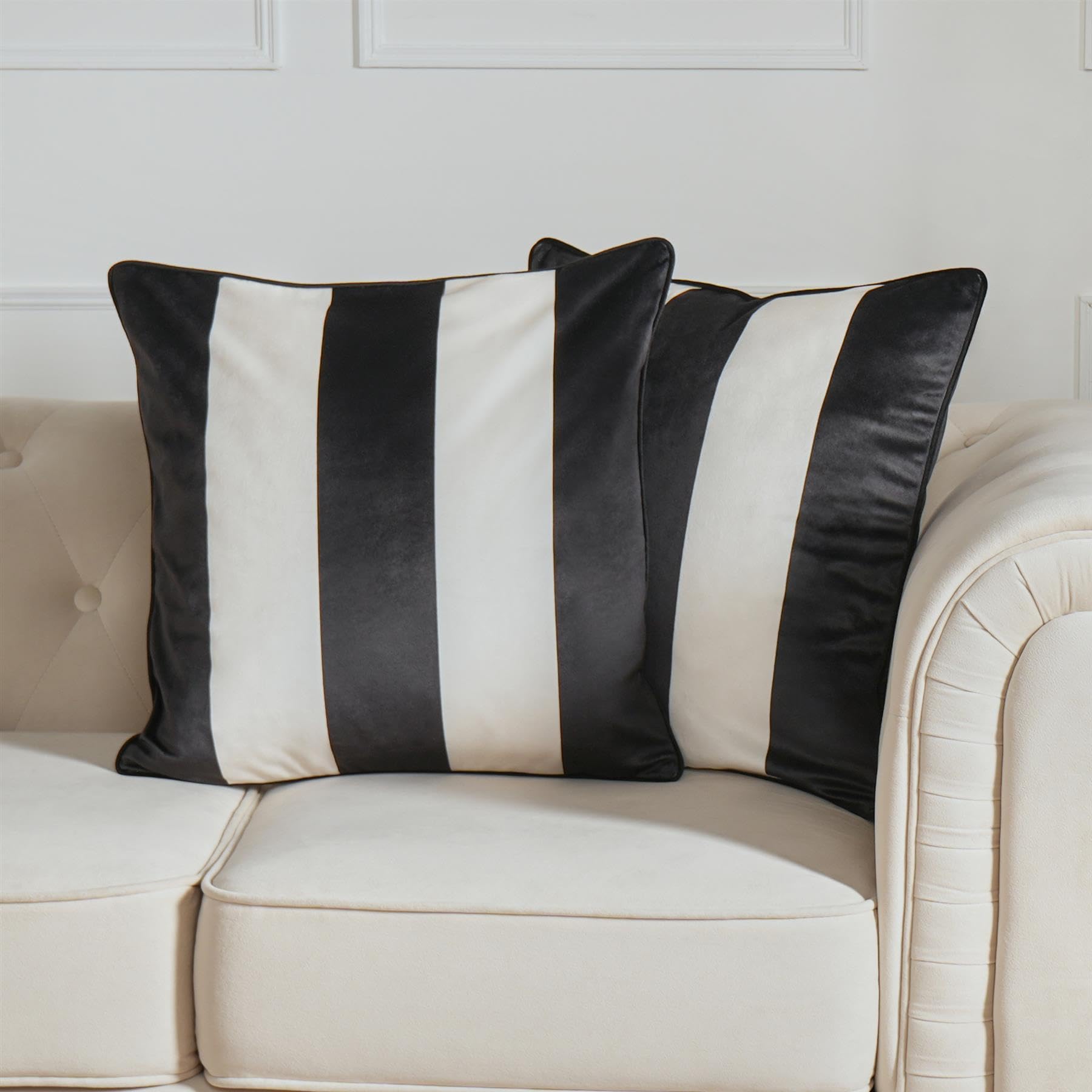 Ohs White Filled Cushions With Covers Black & Stripe Print, Super Soft Matte Velvet Decorative Throw Pillows With Hidden Zipper 4 Pack Sofa Cushion Inserts With Covers, Mono-45X45cm