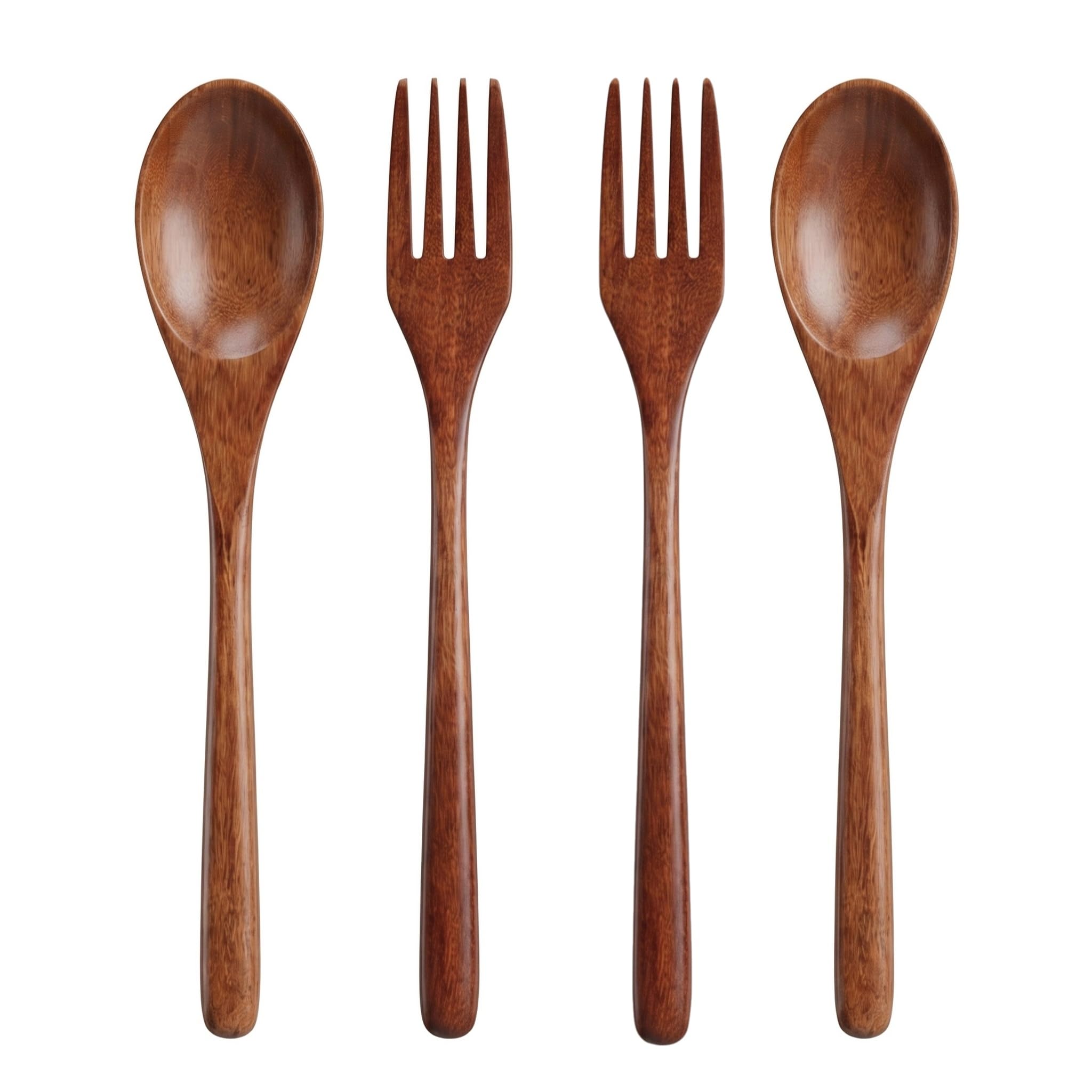 NIIIYTYB 4Pcs Wooden Spoon and Fork Set Wood Utensil Set Reusable Flatware Cutlery for Eating Cooking Handmade Natural Wooden Dinnerware Set Tableware