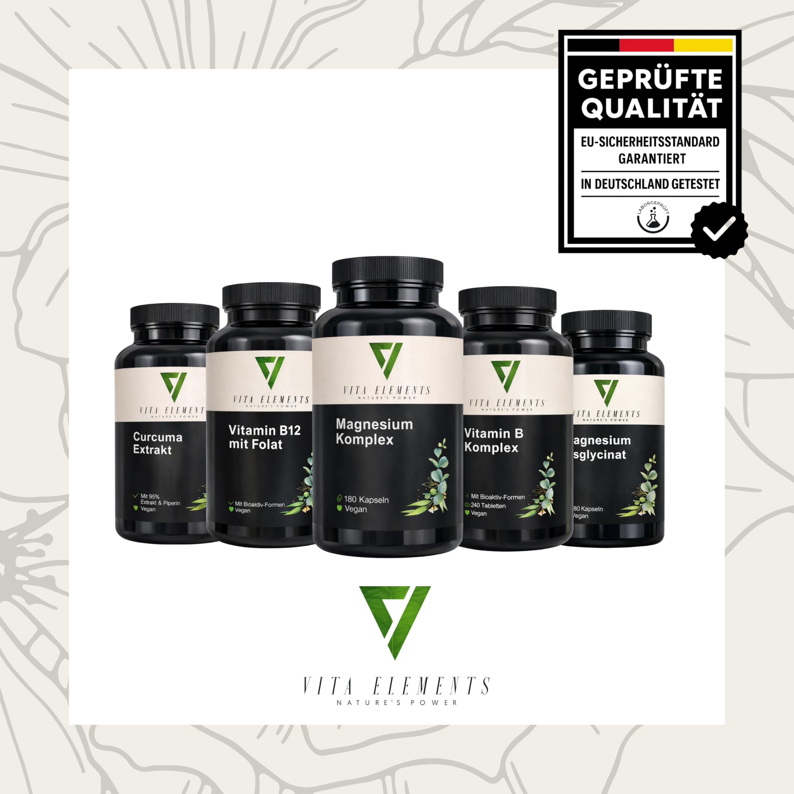 Vita Elements Magnesium Komplex - 400mg Magnesium - 5 Formen: Bisglycinat, Citrat, Malat, Ascorbat, Oxid - 180 Kapseln - 3 Monate Vorrat - Vegan, Hochdosiert