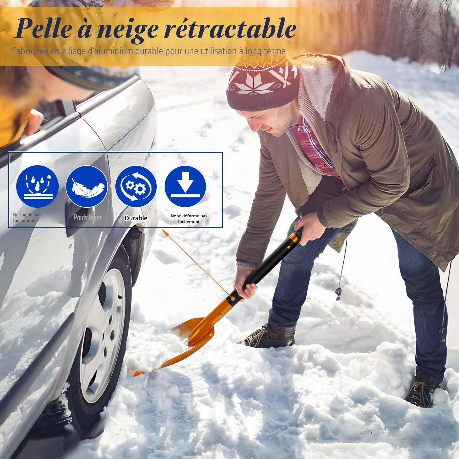 Pelle à neige pliable 4 en 1, pelle à avalanche en aluminium robuste avec sac, pelle amovible de 40 x 30 cm pour voiture, urgence, camping, allée et déneigement dans le jardin