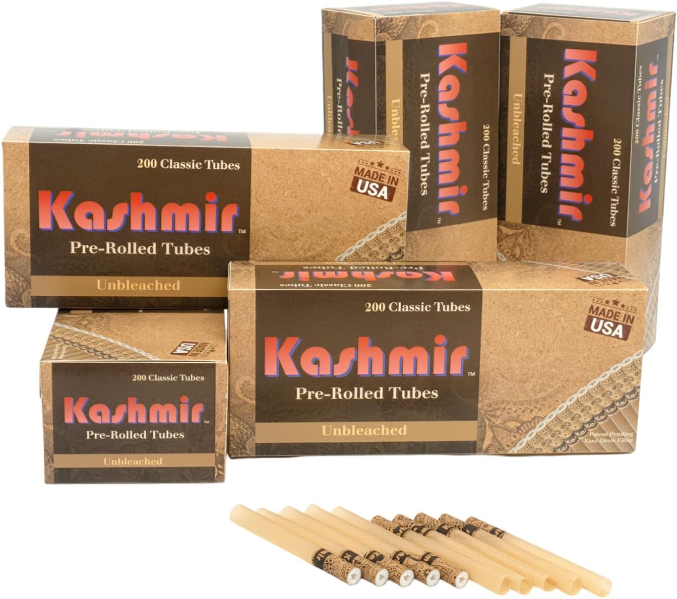 Kashmir Cigarette Tubes Unbleached – 1000 Count (200 CT x 5 Boxes) King Size – Tubes King Size 84mm – Smooth Draw, Clean Burn, No Tearing Fits Most injector Machines – USA Made