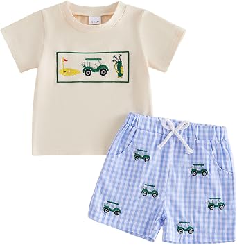 Toddler Baby Boy Golf Outfit Golf Cart Short Sleeve T-shirt Shorts Set | Cotton Blend, Golf Embroidery, Crewneck, Pockets, Suitable for Summer and Golf Activities, 0 6 12 18 24 Months 2T 3T 4T 5T