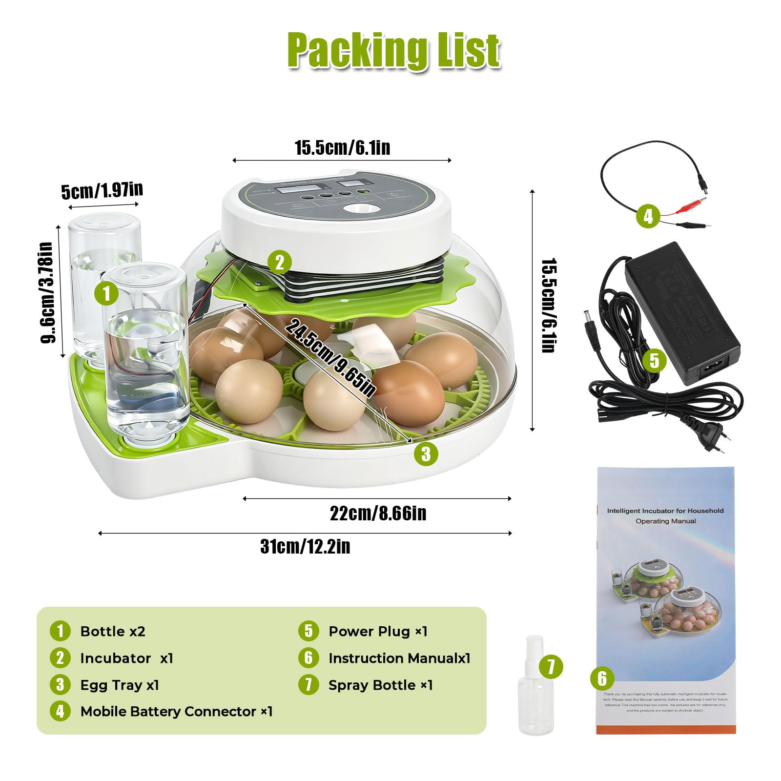 Incubadora para 8 huevos con giro automático, incubadora para incubar huevos con indicador de humedad, control de temperatura y llenado automático de agua para pollos, patos, codornices