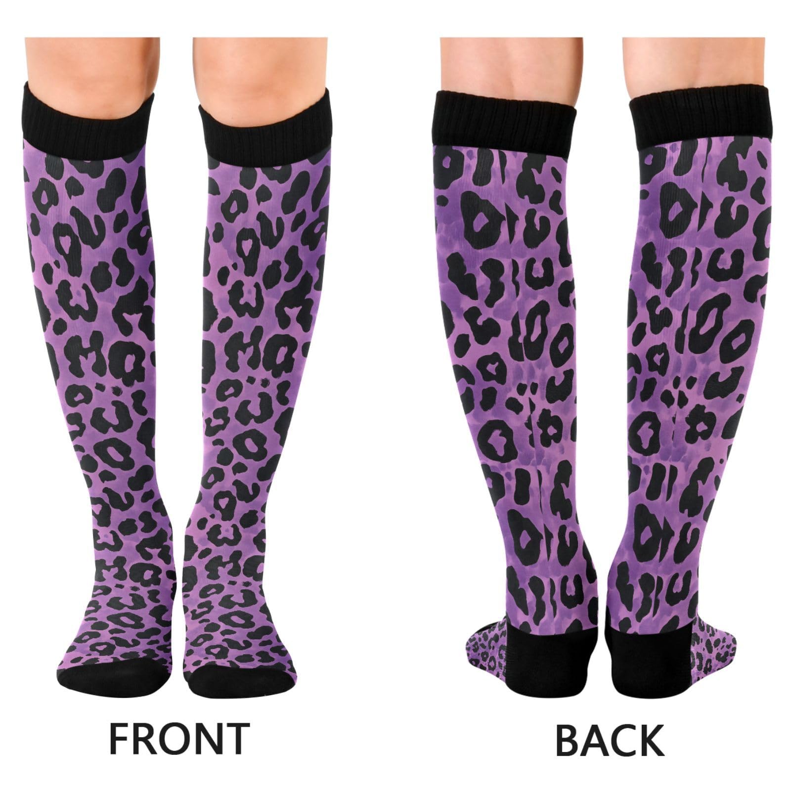 MFTJYO Leopard Purple Print Pattern Compression Socks for Women Men Circulation Long Knee High Socks for Athletic Sports Running