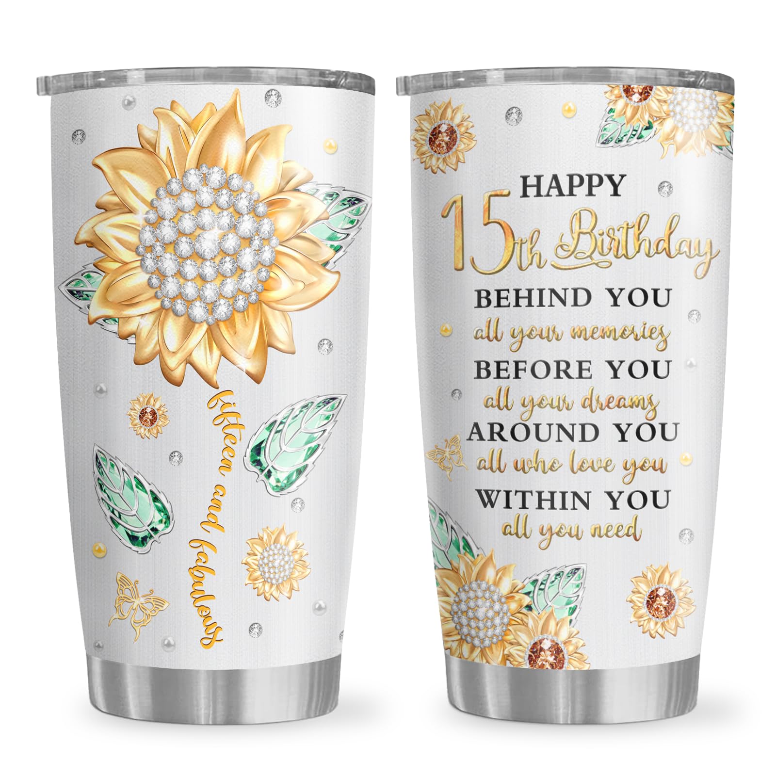 15th Birthday Gifts for Teen Girls Tumbler 20oz, 15 Year Old Girl Gift Ideas for Daughter/Granddaughter/Friends, Happy 15th Birthday Decorations