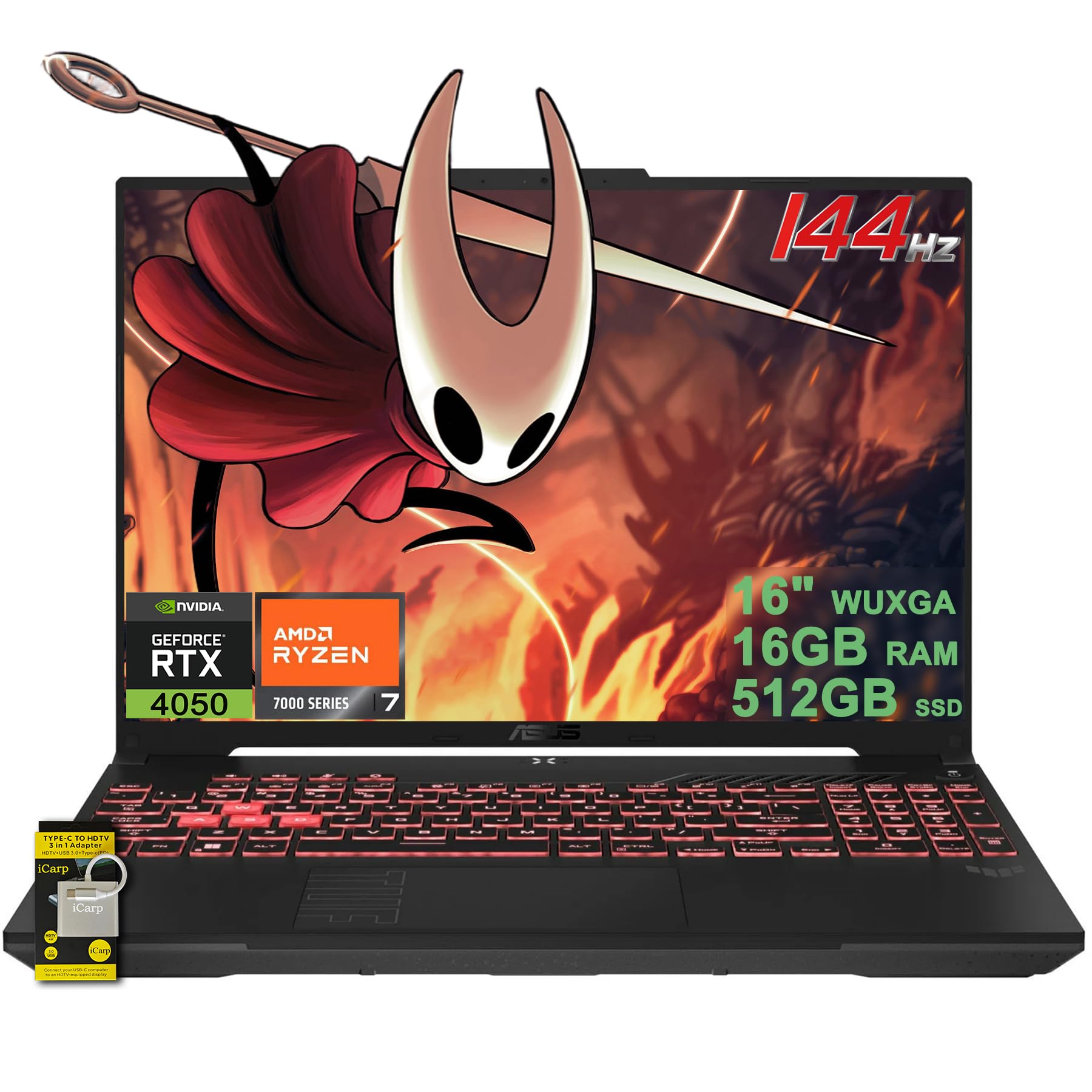 TUF Gaming A16 Laptop 16" WUXGA IPS 144Hz AMD 6-core Ryzen 7 7445HS 16GB DDR5 512GB SSD NVIDIA GeForce RTX 4050 (Up to 194 AI Tops) RGB Backlit USB4 Two-Way AI Noise Cancelation Win11 w/ICP Hub