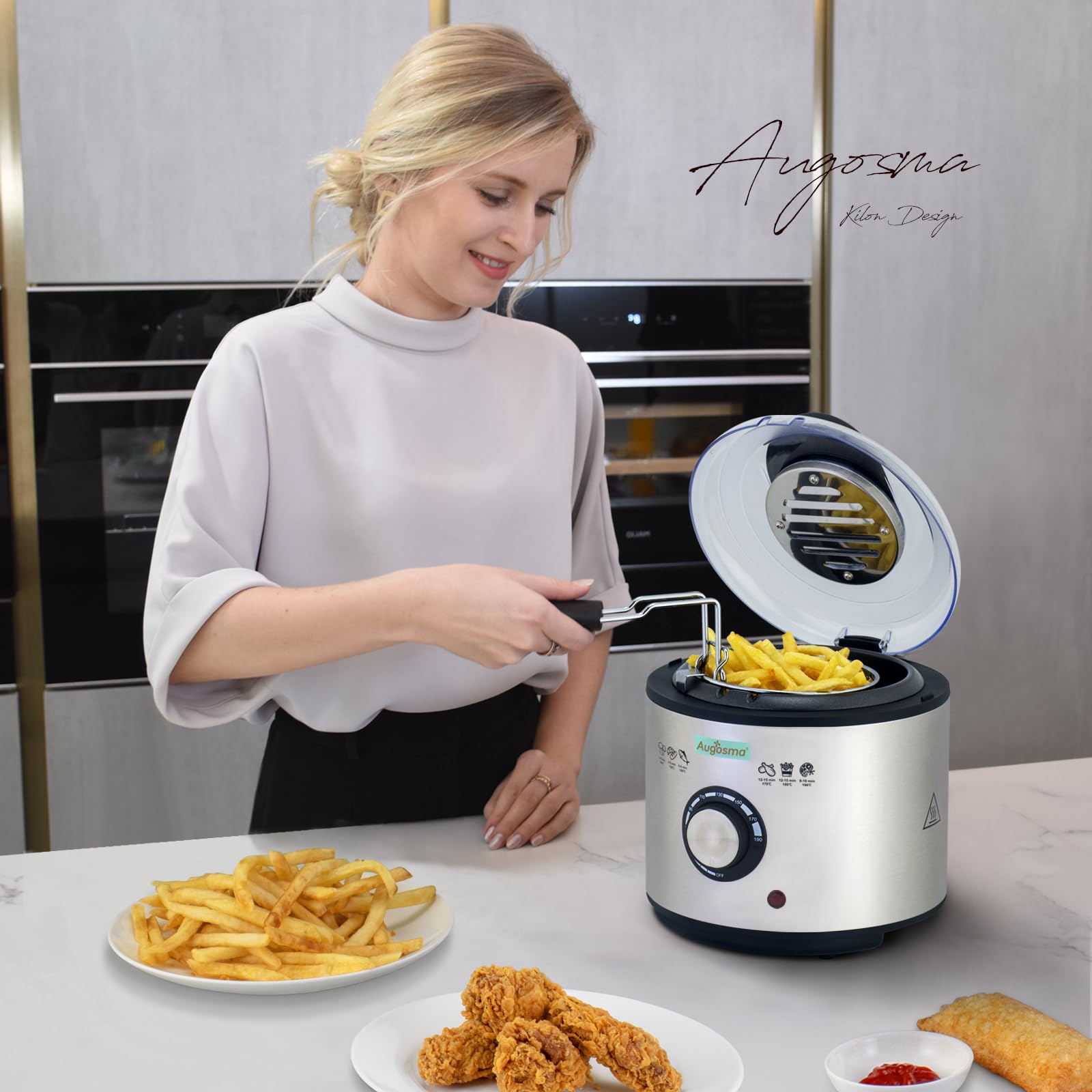 Mini friteuse à huile | 850-950 W l Capacité : 1 l l Fenêtre de visualisation l Panier à friture en acier inoxydable l Température réglable l Isolation thermique l Revêtement en caoutchouc