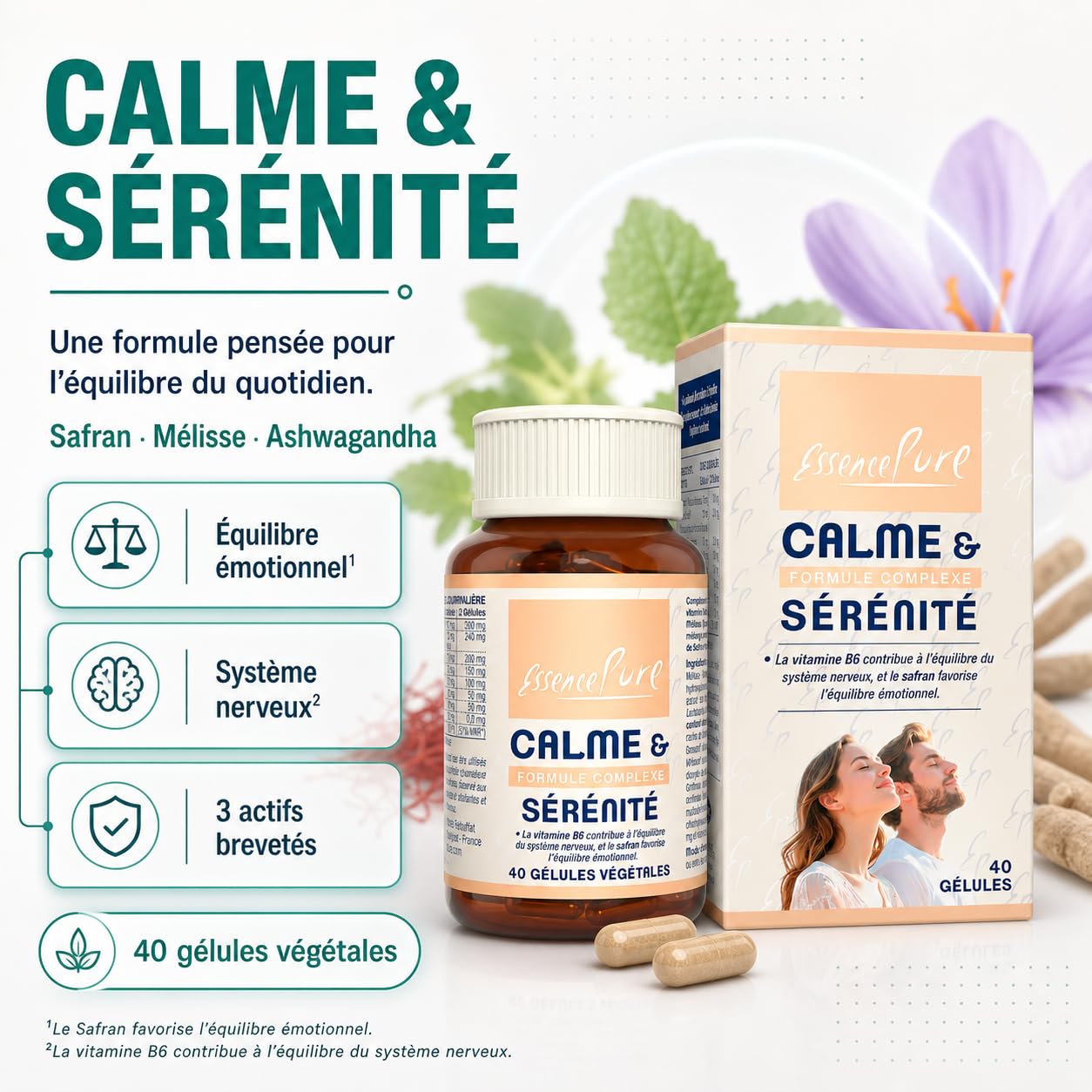 Calme & Sérénité | Ashwagandha + Safran + Griffonia 5-HTP + Rhodiola + Mélisse - Stress Anxiété Angoisse | 40 Gélules Végétales - Essence Pure Api-Nature