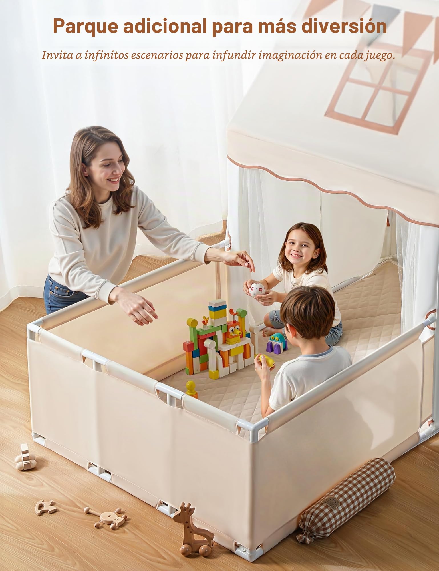 Besrey Casita Infantil 2 en 1 - Tienda de Campaña para Niños con Parque de Juegos, Espacio Grande para 4-5 Niños, Incluye Luces, Banderines y Alfombra, Ideal para Interiores y Exteriores