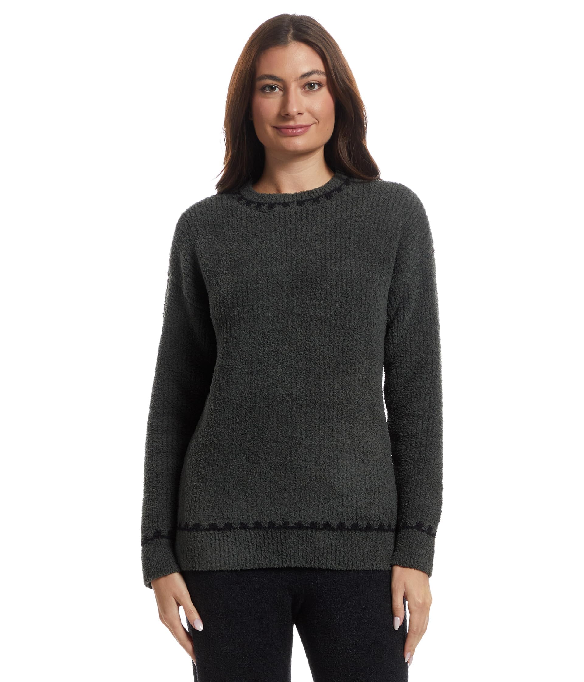 Barefoot Dreams Womens CozyChic Ribbed Sweater with Blanket Stitch