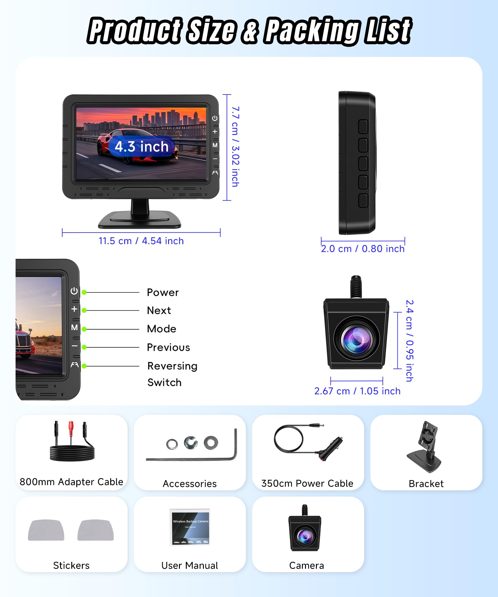 VECHTEL Kabel kamery cofania z ekranem HD 4,3", widoczność w nocy, IP68, obracana kamera cofania z pomocnikiem cofania, łatwa instalacja, zdejmowany ekran z wtyczką do zapalniczki samochodowej
