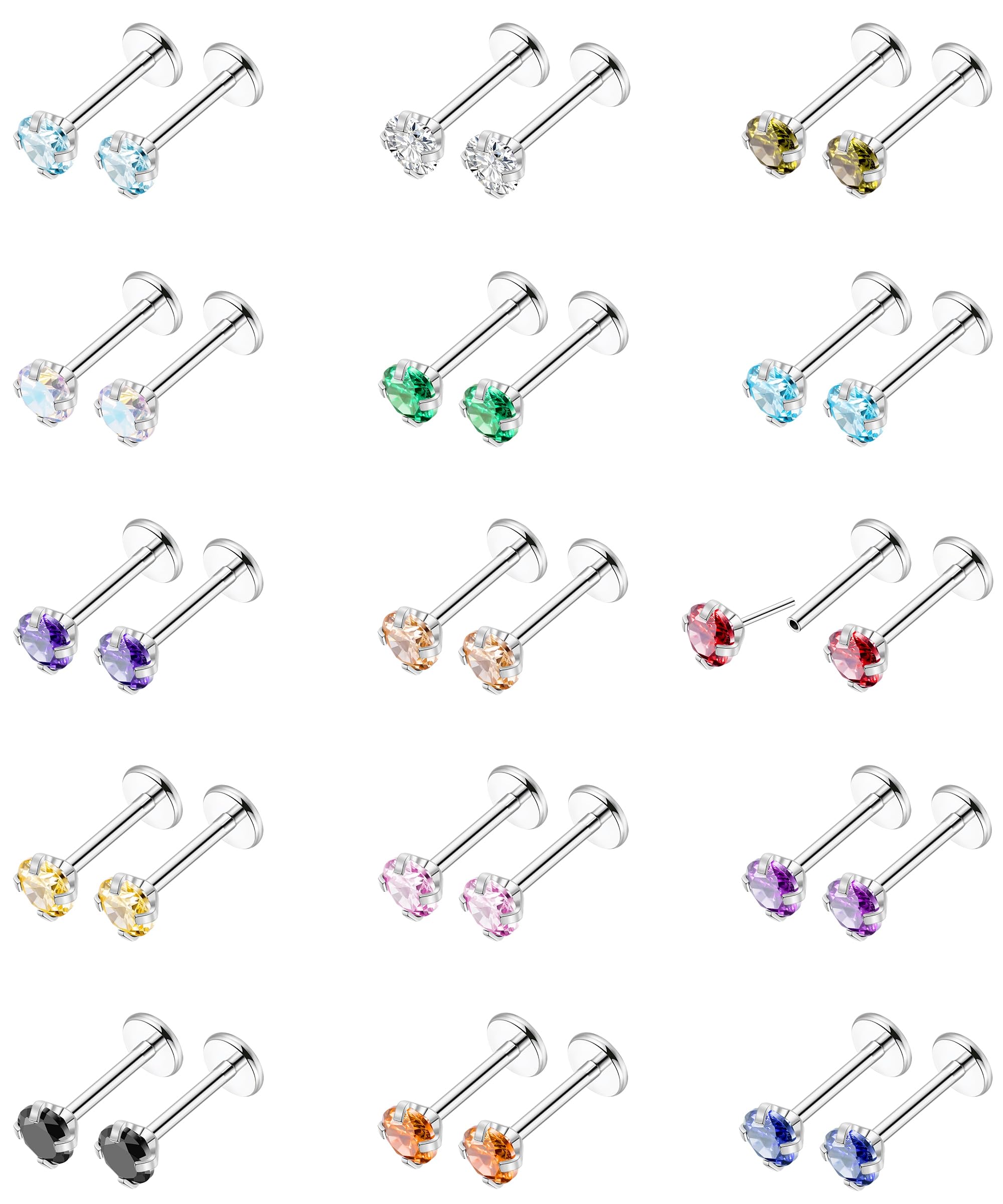 LOAYHOAY 15 Pairs 20G 316L Stainless Steel Threadless Stud Earrings for Women Men Cartilage Helix Tragus Stud Earrings Small CZ Labret Monroe Studs