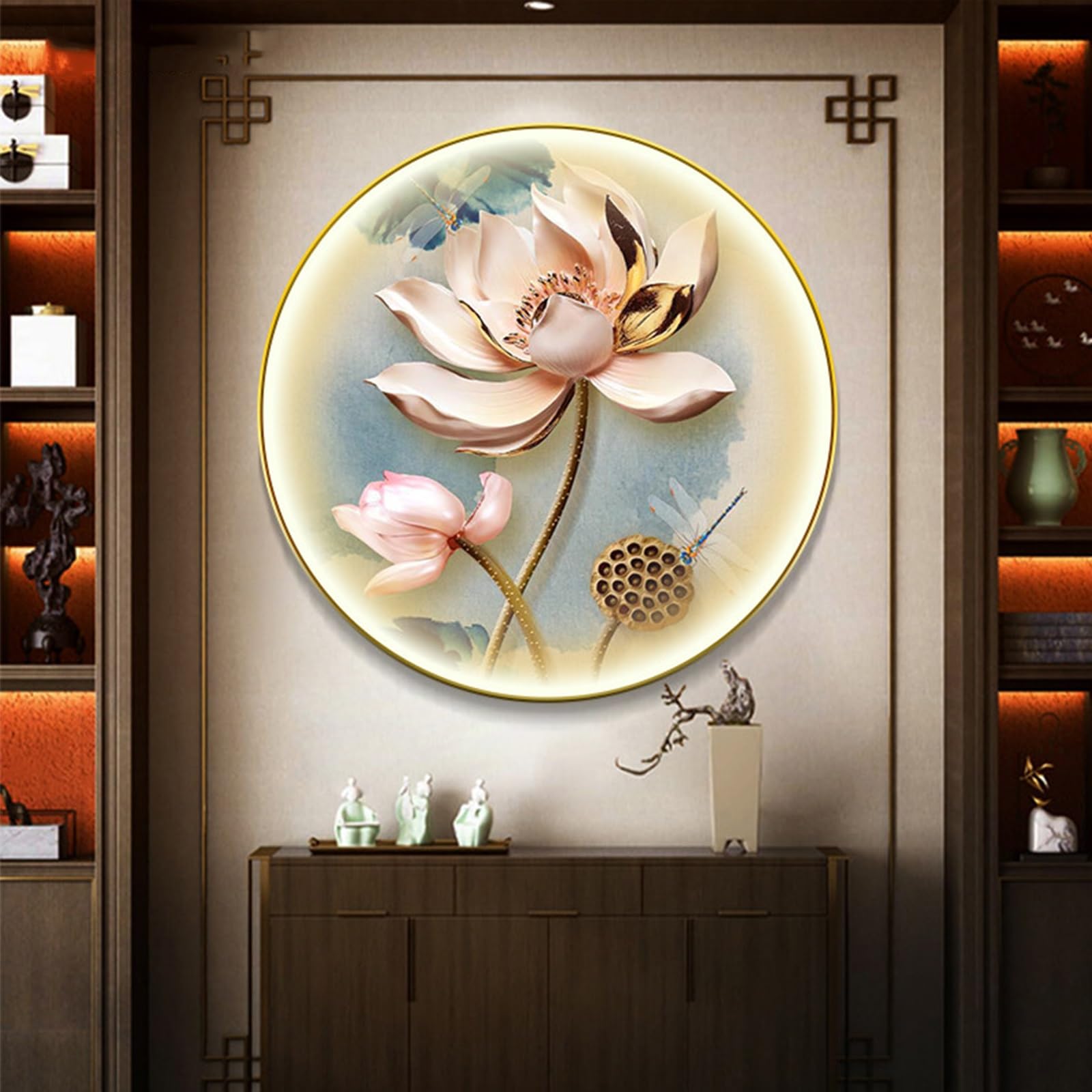Labasuan 3D Wall Painting with LED Light, Round LED Lighted Wall Art with Remote Control, Chinese Wall Hanging Painting, Modern Decorative Mural for Bedroom, Living Room(60cm/23.6in)