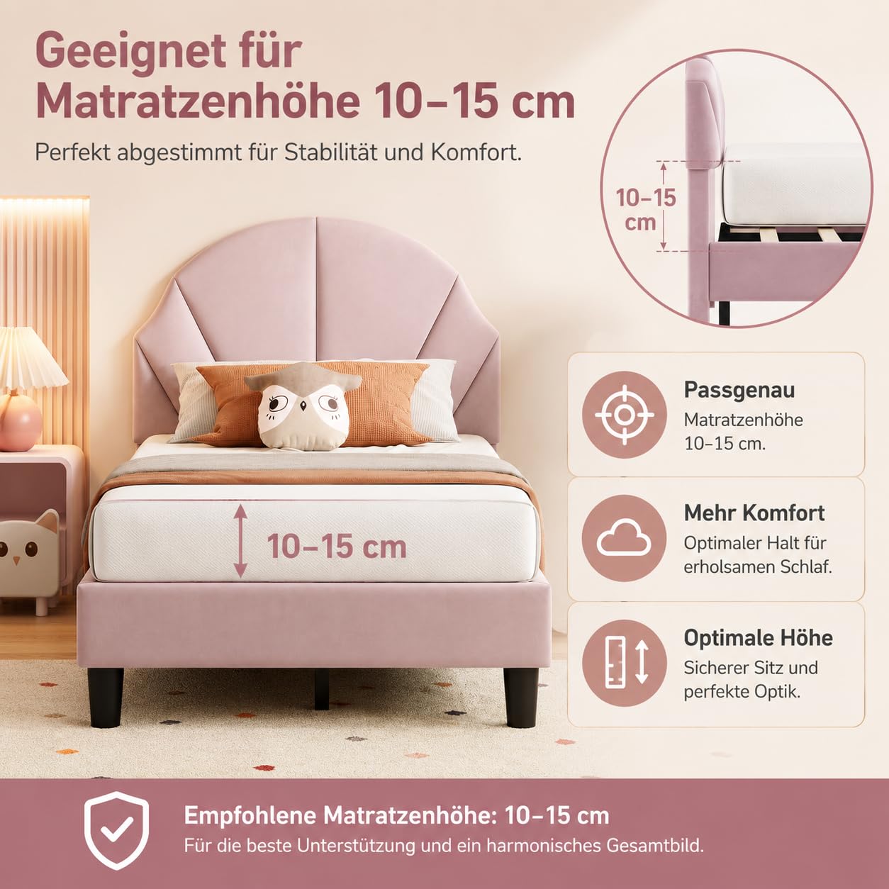 Letto singolo 90 x 200 cm, letto per bambini imbottito con rete a doghe per bambina, letto giovane imbottito con testiera regolabile per cameretta dei bambini, senza materasso