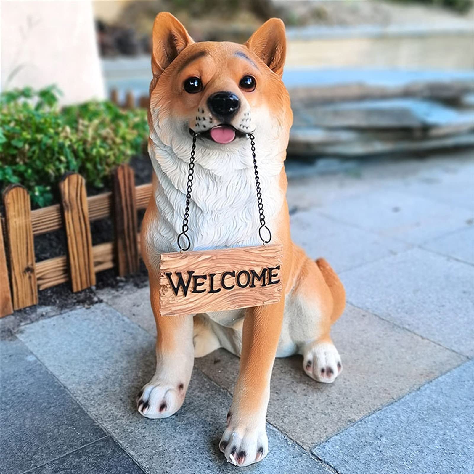 Estatua de Perro Akita Sentado, Figura de Cachorro con Cartel de Bienvenida, Escultura de Animal de jardín, decoración de Bienvenida para Patio de Resina de 17,3" de Alto
