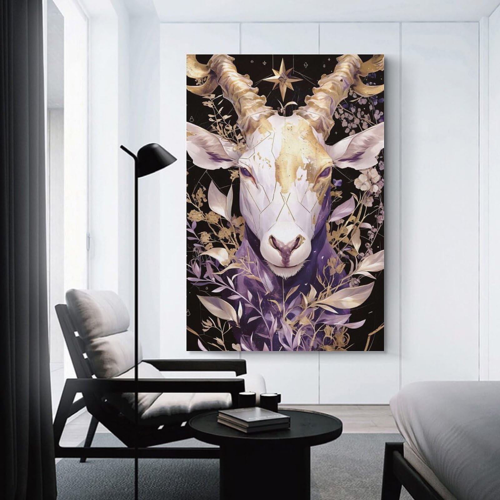 Junmoney Unframe-Style-11-2 Mystical Goat With Golden Horns And Flowers Wall Picture Print 24X36inch(60X90cm), For Entryway, Lounge Links Or Small Walls, Decorative Wall Art For Narrow Spaces