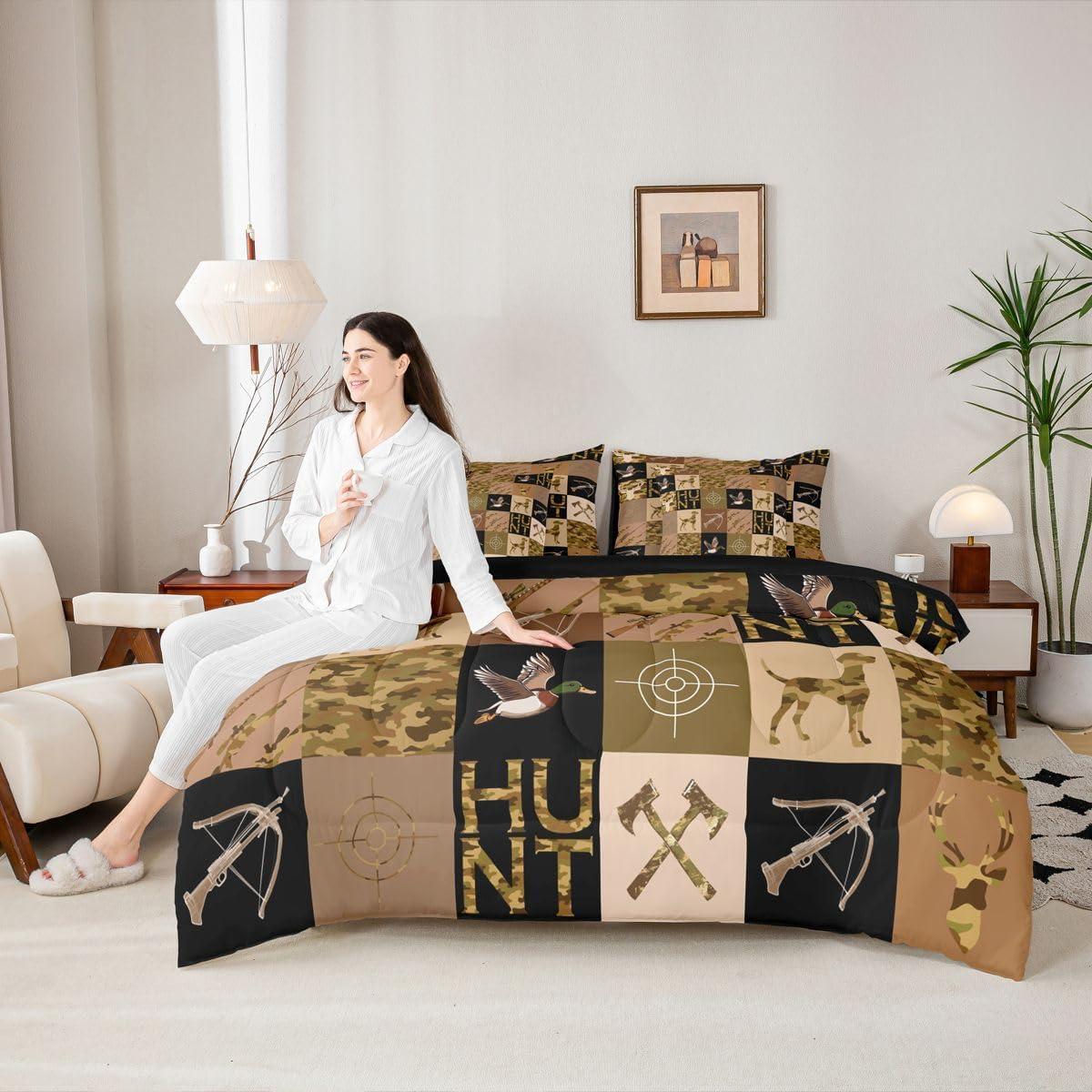 Feelyou Mallard Duck Hunter Comforter Set with Sheets Queen Size 7 Piece for Boys Teens Kids,Camouflage Deer Duck Hunt Theme Bedding Sets Hunting Camo Bed in a Bag Men Retro Room Decor