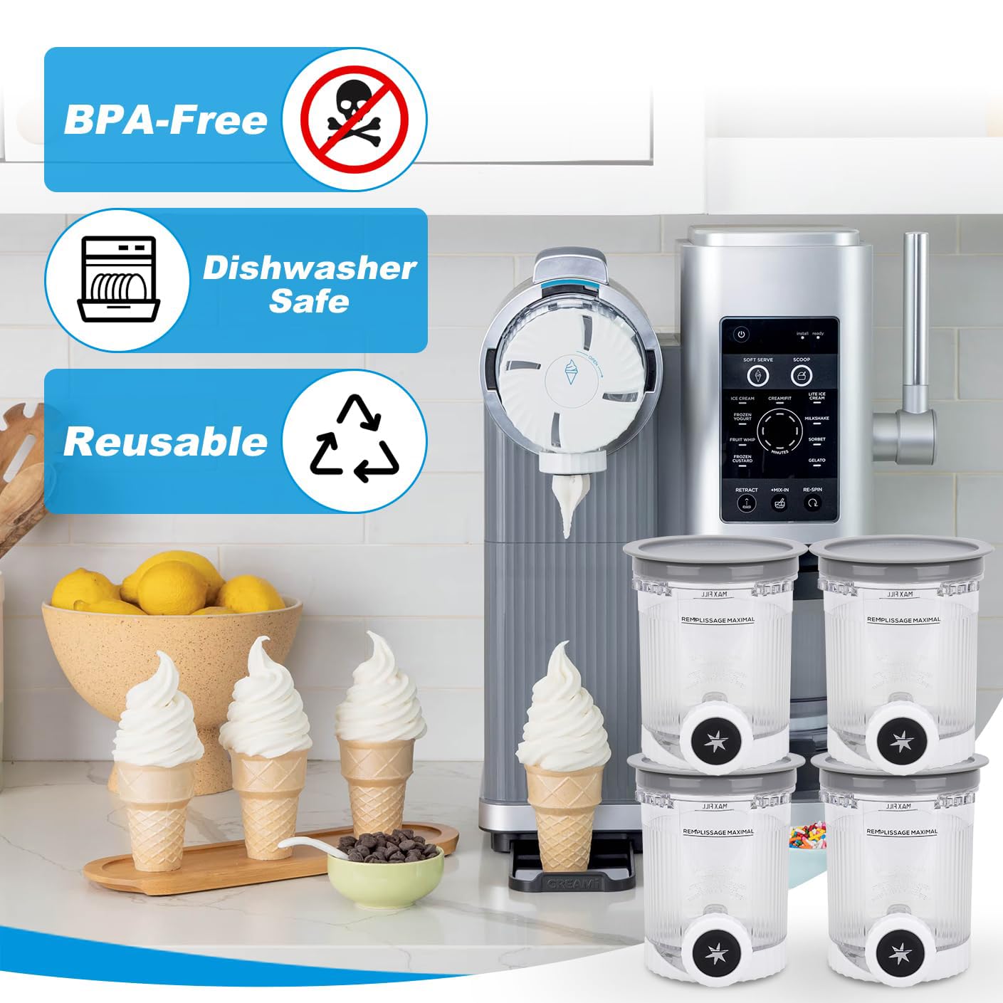 Lot de 4 récipients pour machines à crème glacée et couvercles Ninja Creami Swirl, compatibles avec Ninja NC700 et NC701, sans BPA, passent au lave-vaisselle