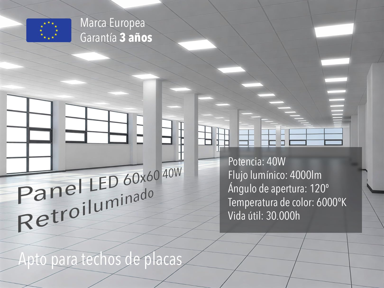 [Garantía Europea Panel LED 60X60 40W retroiluminado marco blanco. 120º Luz fría Para techo de placas de 60x60. Driver incluido (1)