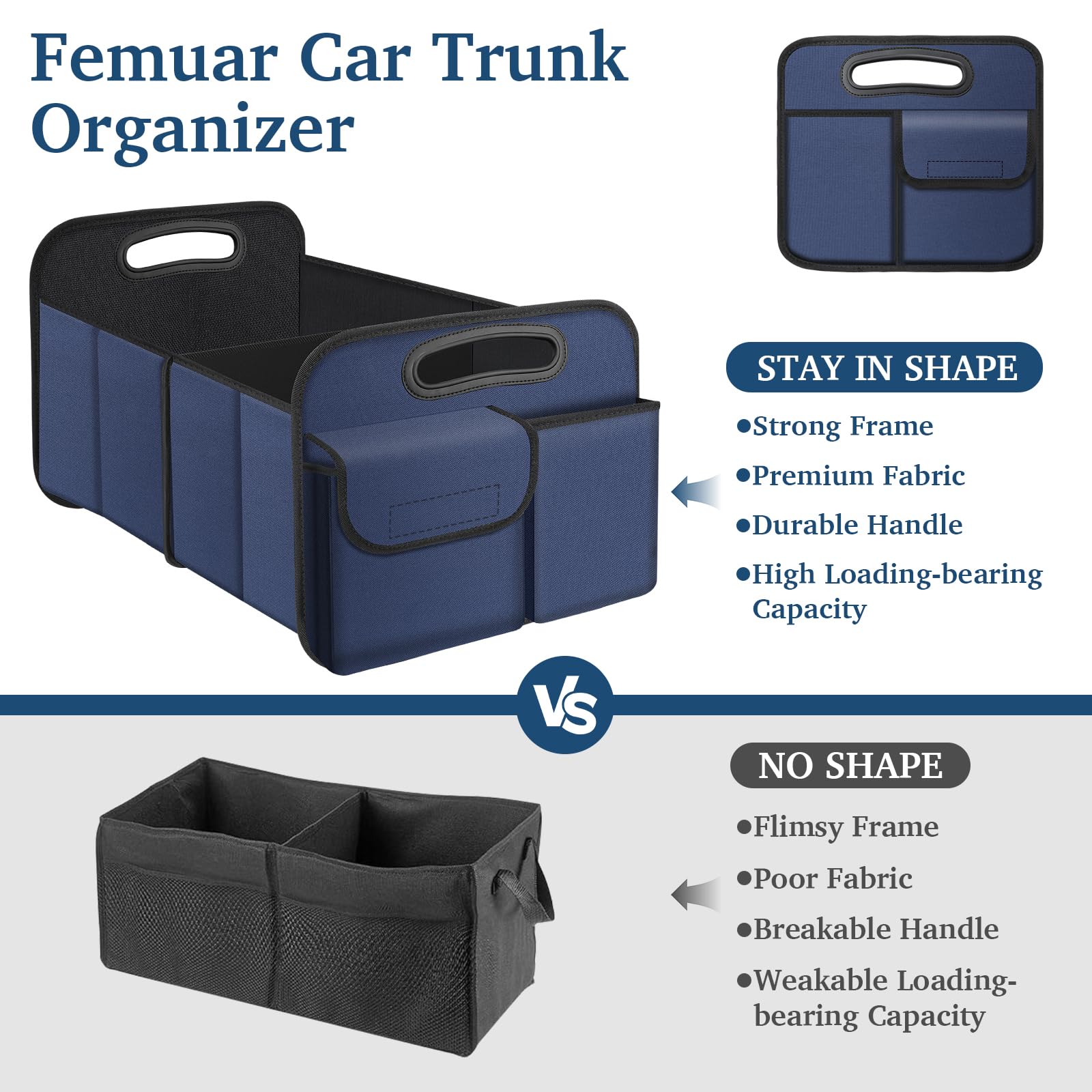 Femuar Car Trunk Organizer, Collapsible, Waterproof, Non-Slip, Blue, 52L, 5 Compartments, Rectangular, Portable, Practical/Functional