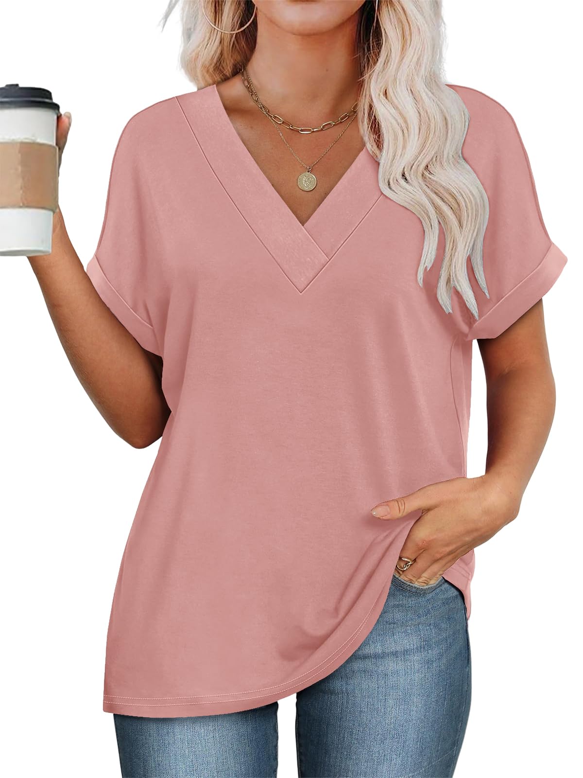 Cuptacc Womens Tops V Neck T Shirts for Women Short Sleeve Solid Color Casual Summer Tee Shirt - 4