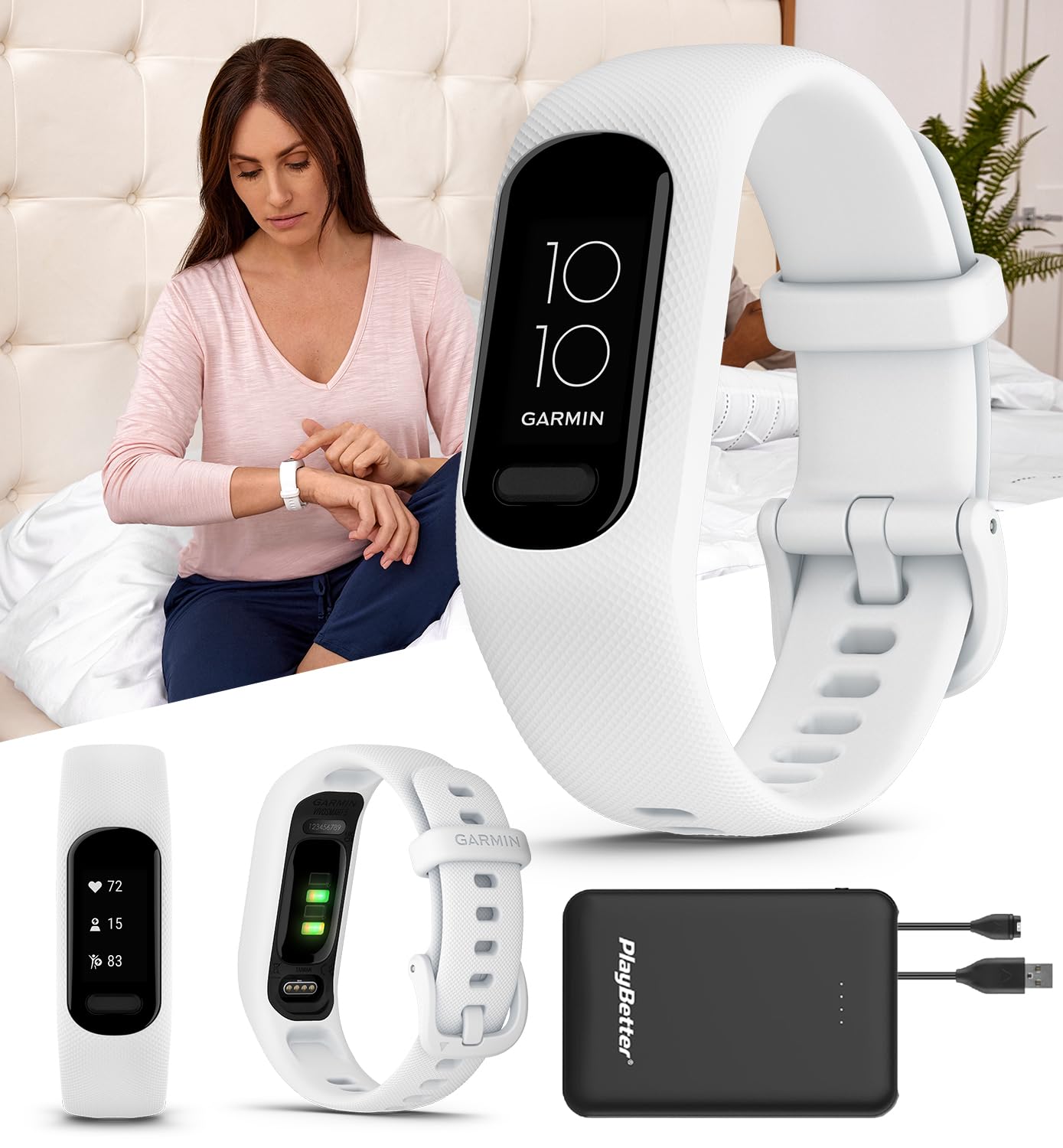 PlayBetterGarmin vivosmart 5 Fitness Tracker (White, S/M) Power Bundle - Wrist Heart Rate Monitor & Sleep Tracker - Comfortable & Easy to Use Wrist Bands, Phone GPS 5000mAh Portable Charger