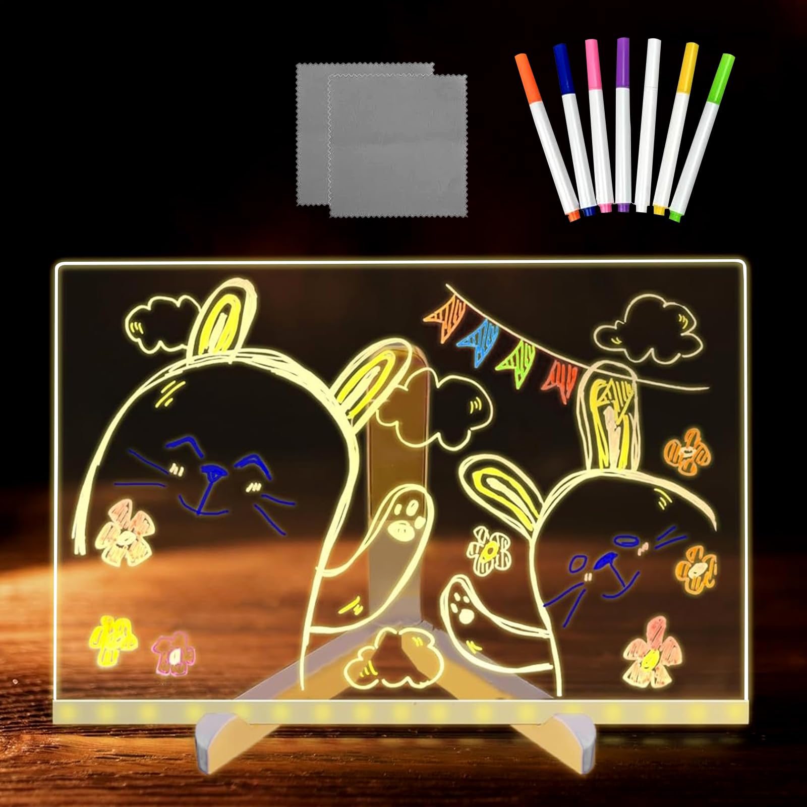 LED Notiztafel mit Farben, LED Zeichenbrett mit 7 Farben Stift/Verstellbarem Ständer, 30x20CM Drawing Board, Transparente Leuchtende Schreibtafel, Abwischbar, Acryl Notiztafel with Light