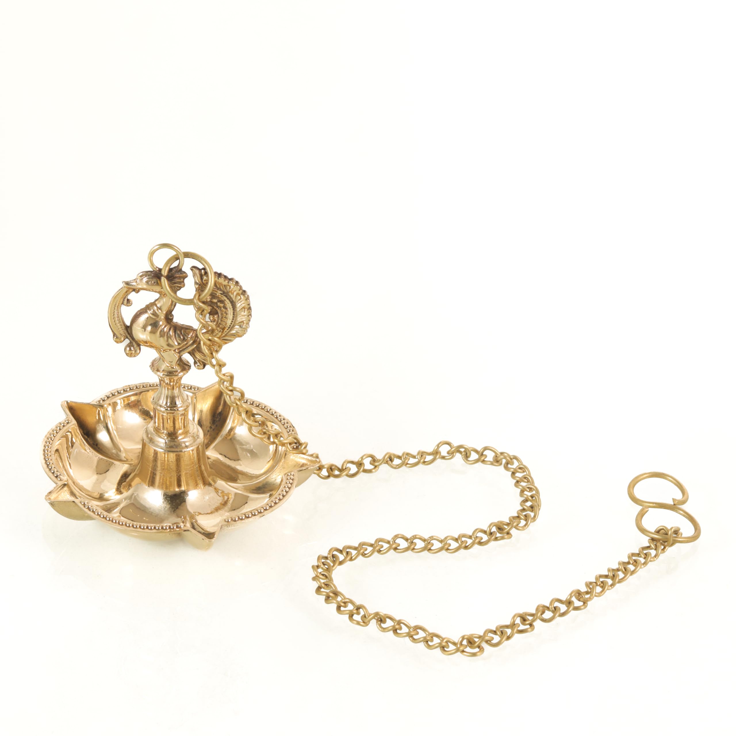 Akshata® Handmade Ethnic Peacock Design 5 Oil Wick Brass Hanging Diya, Brass Nilavilakku for Decoration, Thooku vilakku, Golden, 18inch Chain Length, Pack of 1-image-11