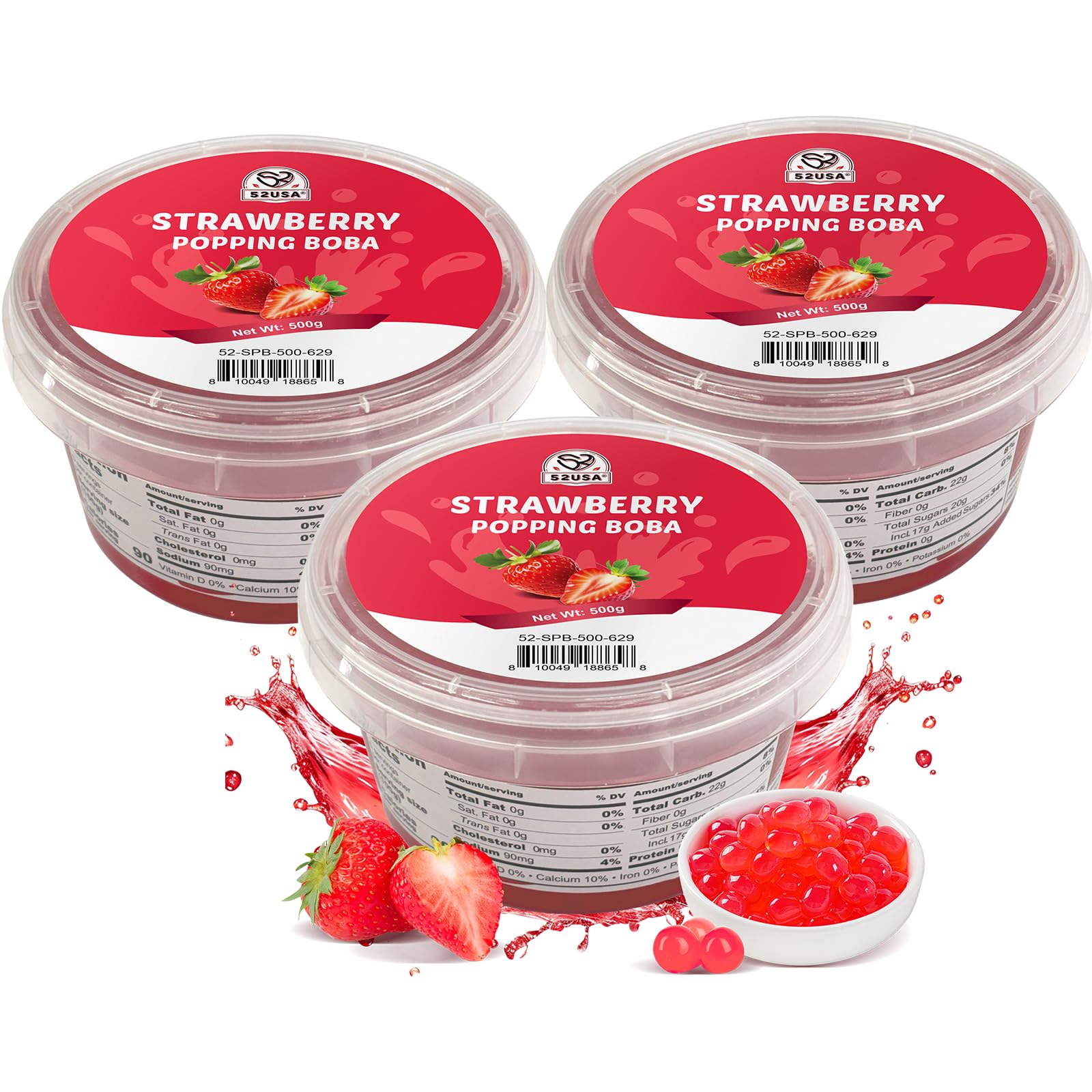52USA Strawberry Popping Boba 500g (Pack of 3), Bursting Boba Pearls for Bubble Tea, Beverages, Sweets, Ice Cream, Shakes, Desserts & Smoothies Topping, boba party kit 1.1 Pound