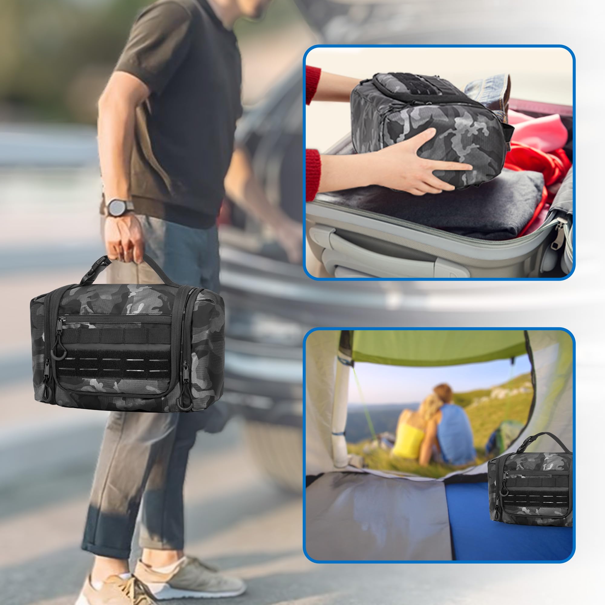 Neceser colgante para hombre, kit táctico de viaje, organizador de higiene grande, bolsa de ducha para acampar al aire libre, Camo Negro