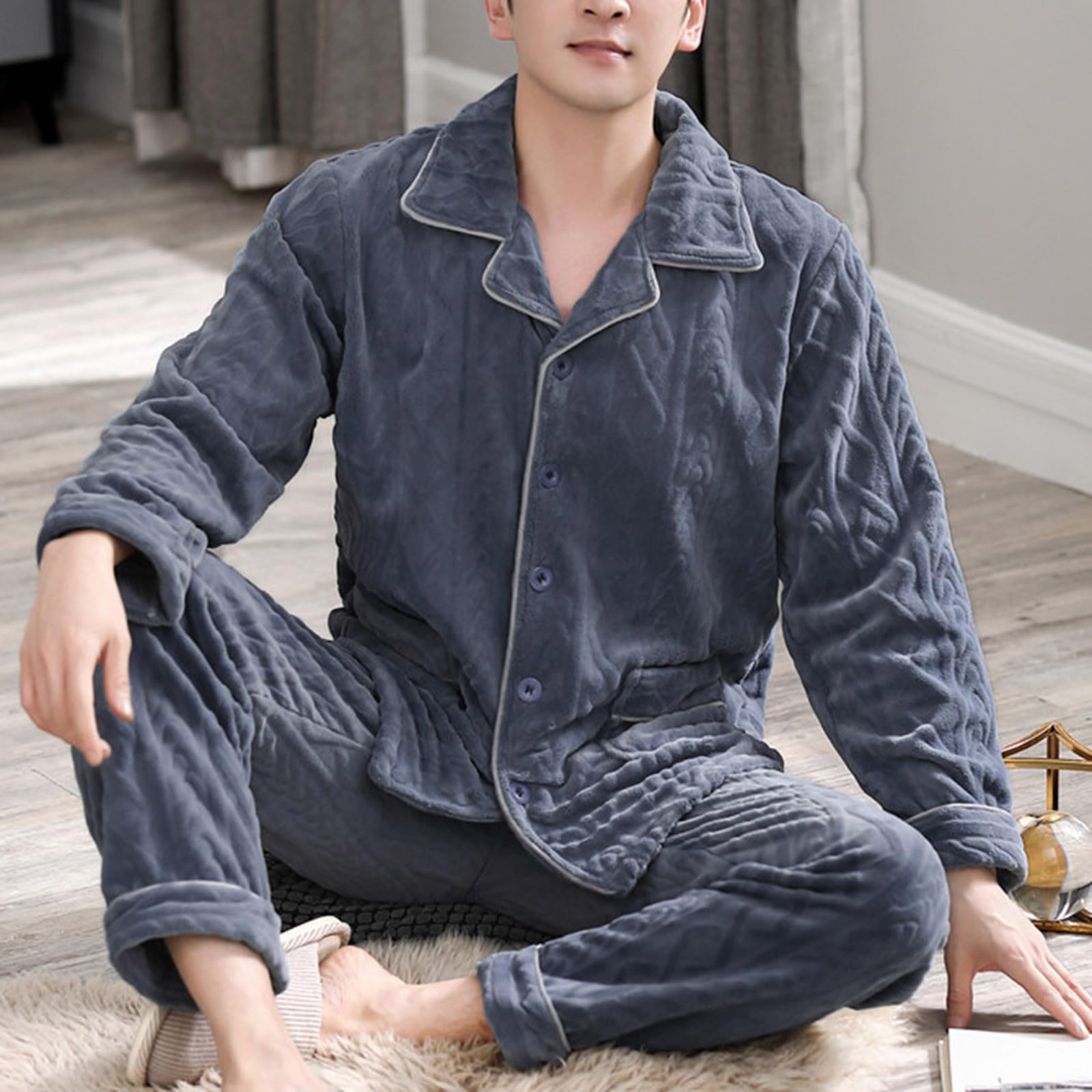 Pijama para hombre de invierno, cálido, de manga larga, con solapa, topes, botones, pantalones de dormir de dos piezas, franela de lino grueso, con botones, cuello de camisa, bolsillos, traje de casa