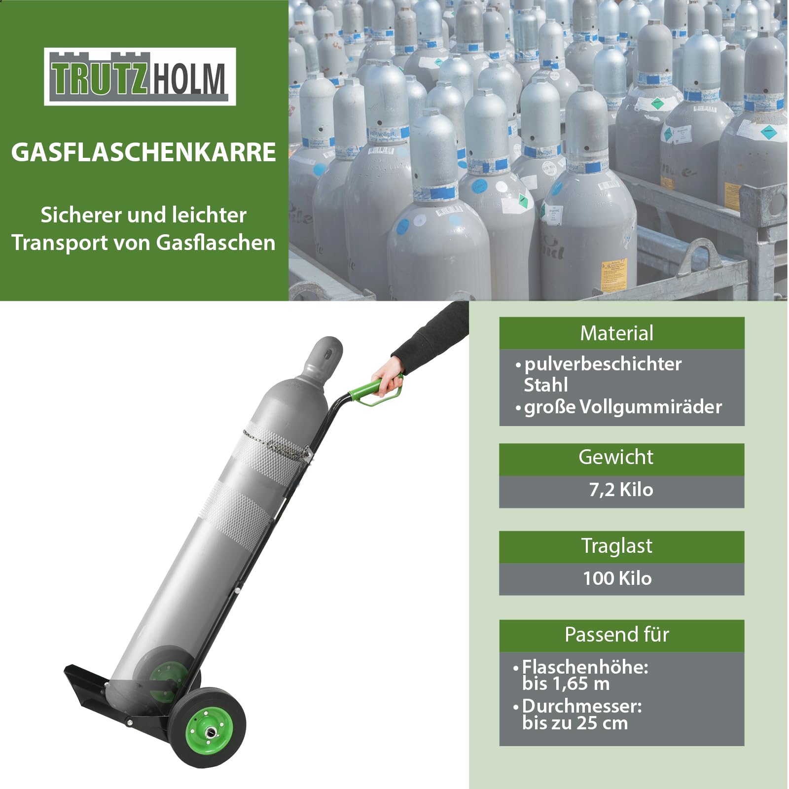 TRUTZHOLM Gasflaschenkarre 100kg Traglast mit Handschutzbügel & Sicherungskette Transport von technischen Gasen Gasflaschenwagen Transportkarre