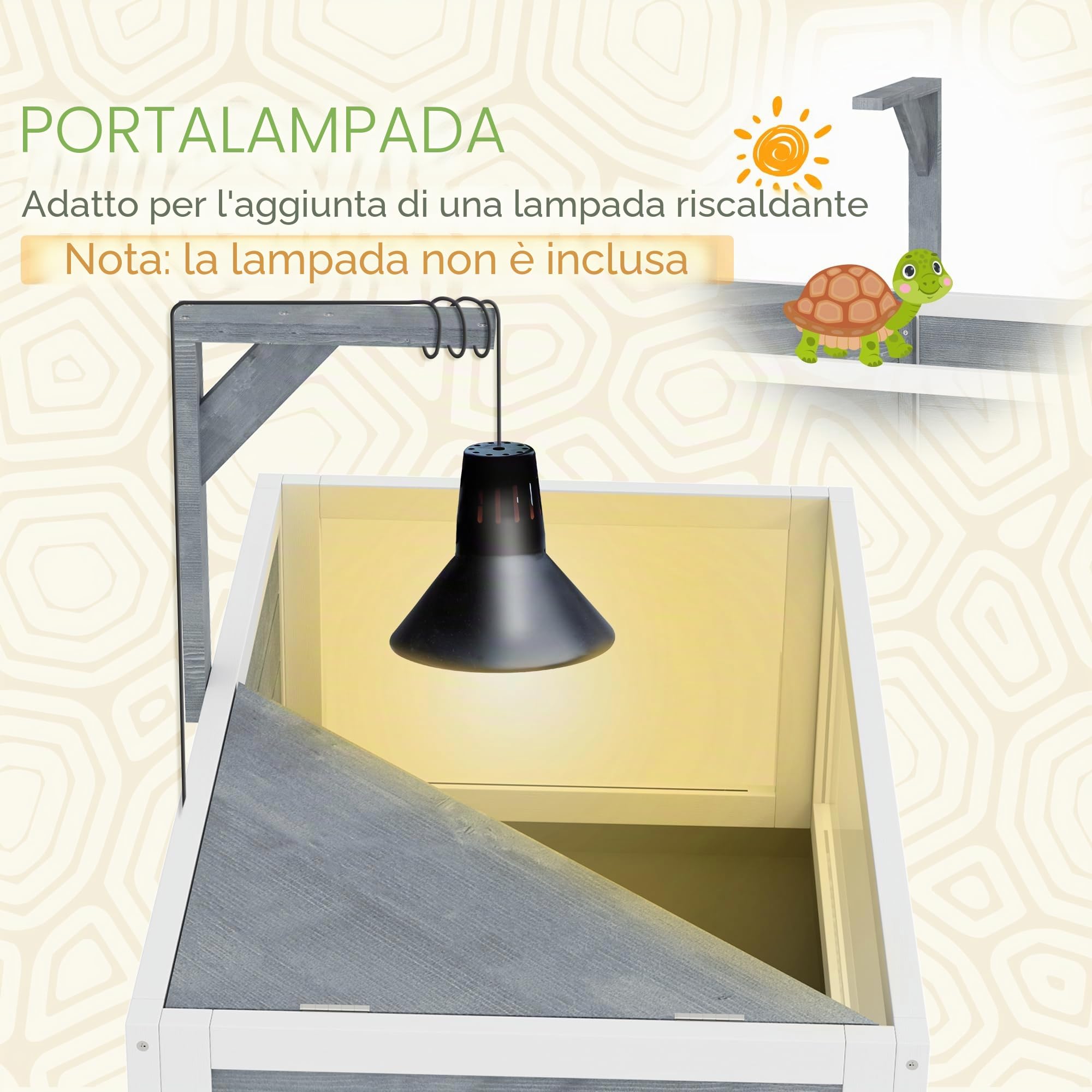 PawHut Casa per tartarughe su piedini a 2 zone - terrario per tartarughe terrestri con tetto apribile e zona interattiva - recinto 90 cm, supporto lampada, vista panoramica e ripiano - grigio