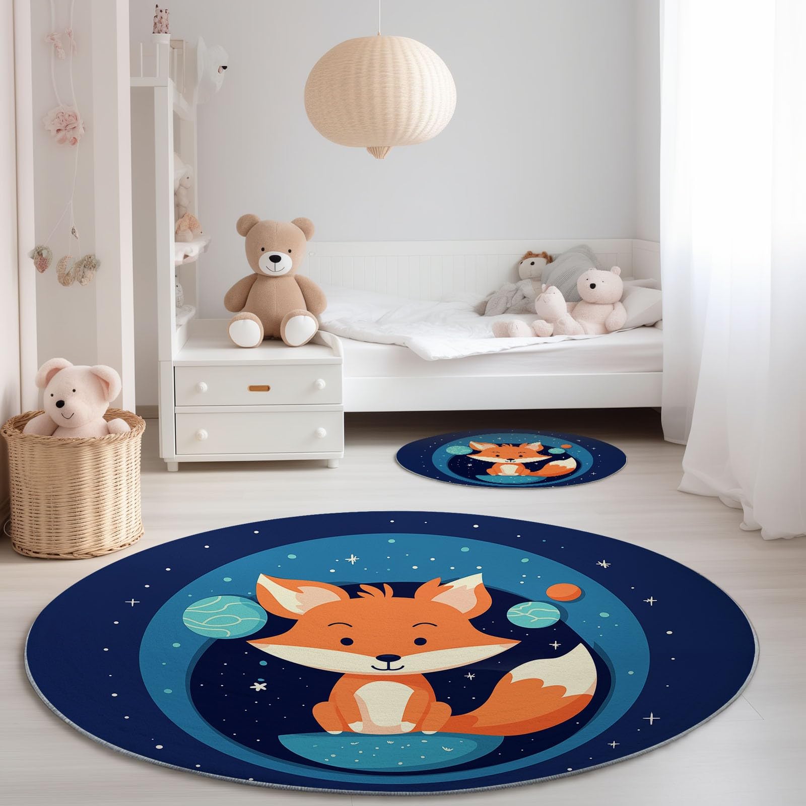 Generisch Waschbar Runder Teppich 120 cm, Dunkelblau Weich Kurzflor Runde Teppiche für Schlafzimmer Eingang Schmücken - Niedlich Cartoon Tier Fuchs Muster rutschfest Pflegeleicht Teppich