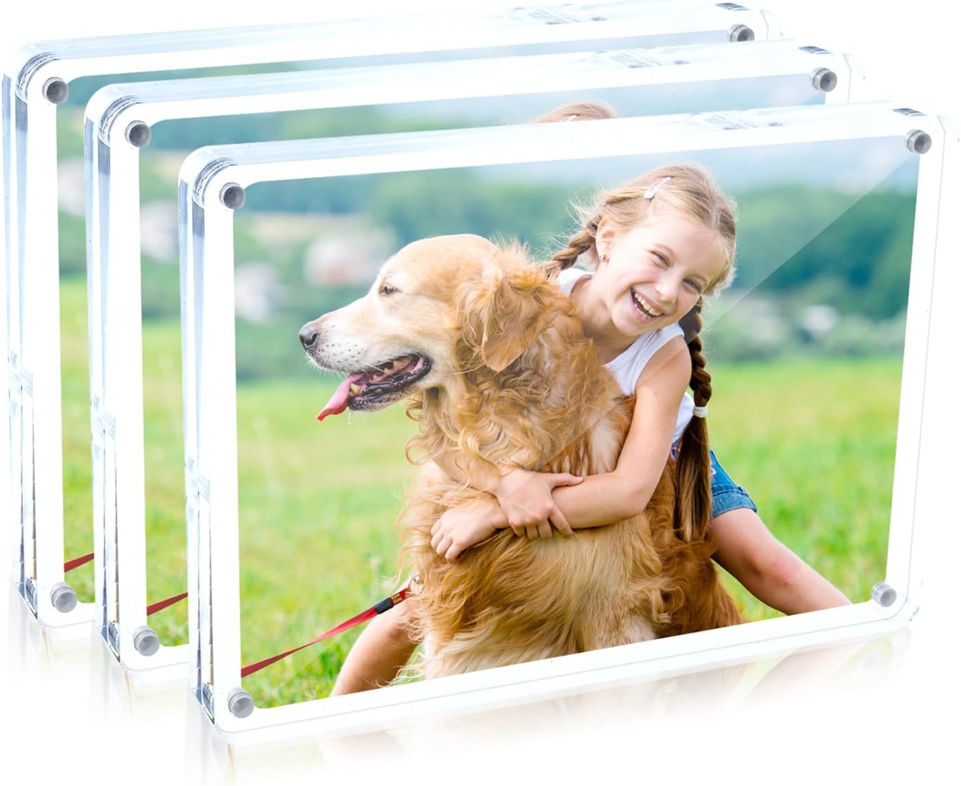 5x7 Floating Acrylic Picture Frame 3 Pack, Double Sided Magnetic Lucite Frame | Free Standing Frameless Display for Desk, for Pictures or Photos