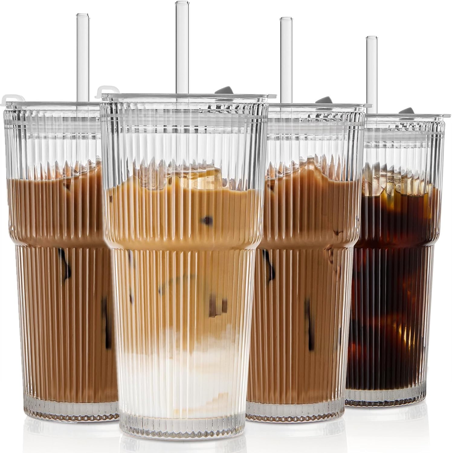  4 Pack 20oz Ribbed Glass Tumblers with Lids and Straws