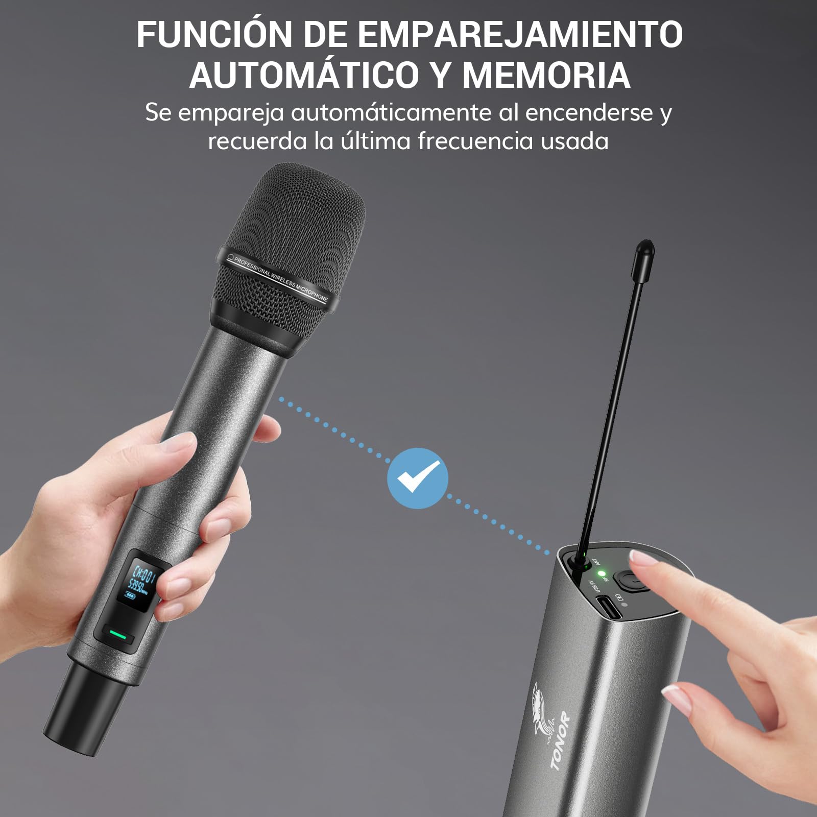 TONOR Microfono Inalambricos Karaoke Recargable UHF, 2x20 Canales Micrófono Dinámicos de Metal, Micrófono Inalámbrico Profesional para Cantar la Boda de la Iglesia con Volumen ajust, 80 M, TW520