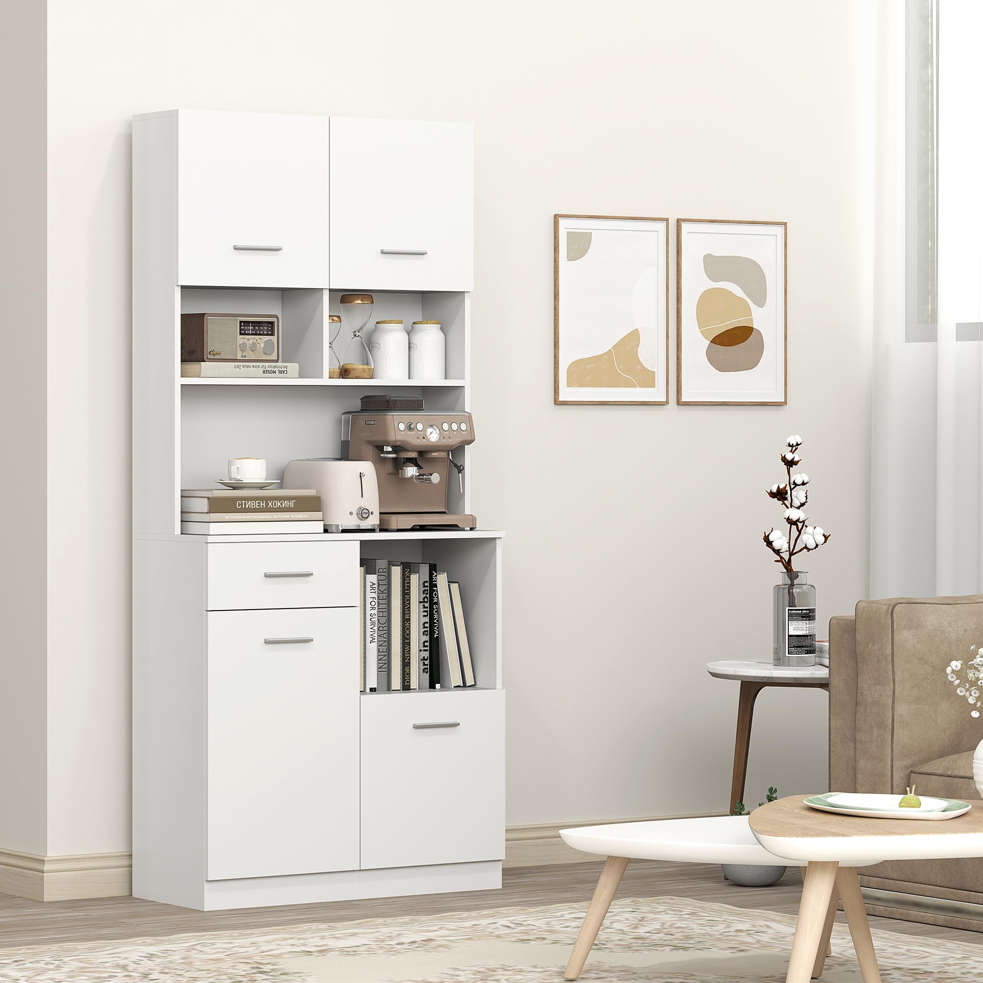 HOMCOM Armoire de cuisine, armoire haute avec étagère réglable, tiroir, armoire buffet avec porte Soft-Close, armoire vitrine Rangement pour cuisine salle à manger 80x35x180 cm Blanc
