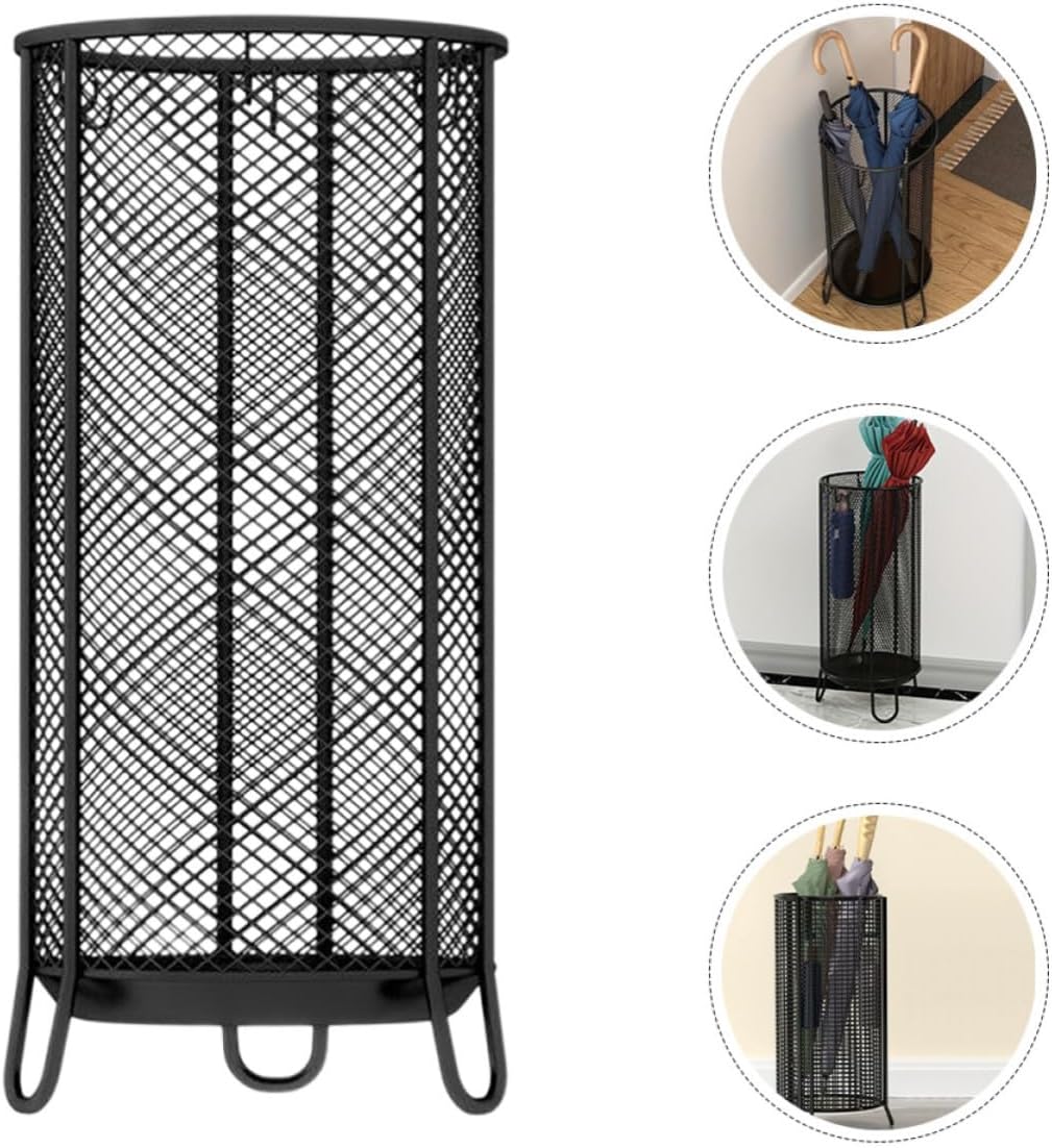 Modern Black Iron Umbrella Holder Stand with Stainless Steel Drip Tray, Stable and Compact Entryway Organizer for Umbrellas and Walking Sticks, Sleek Bucket Design for Home Decor