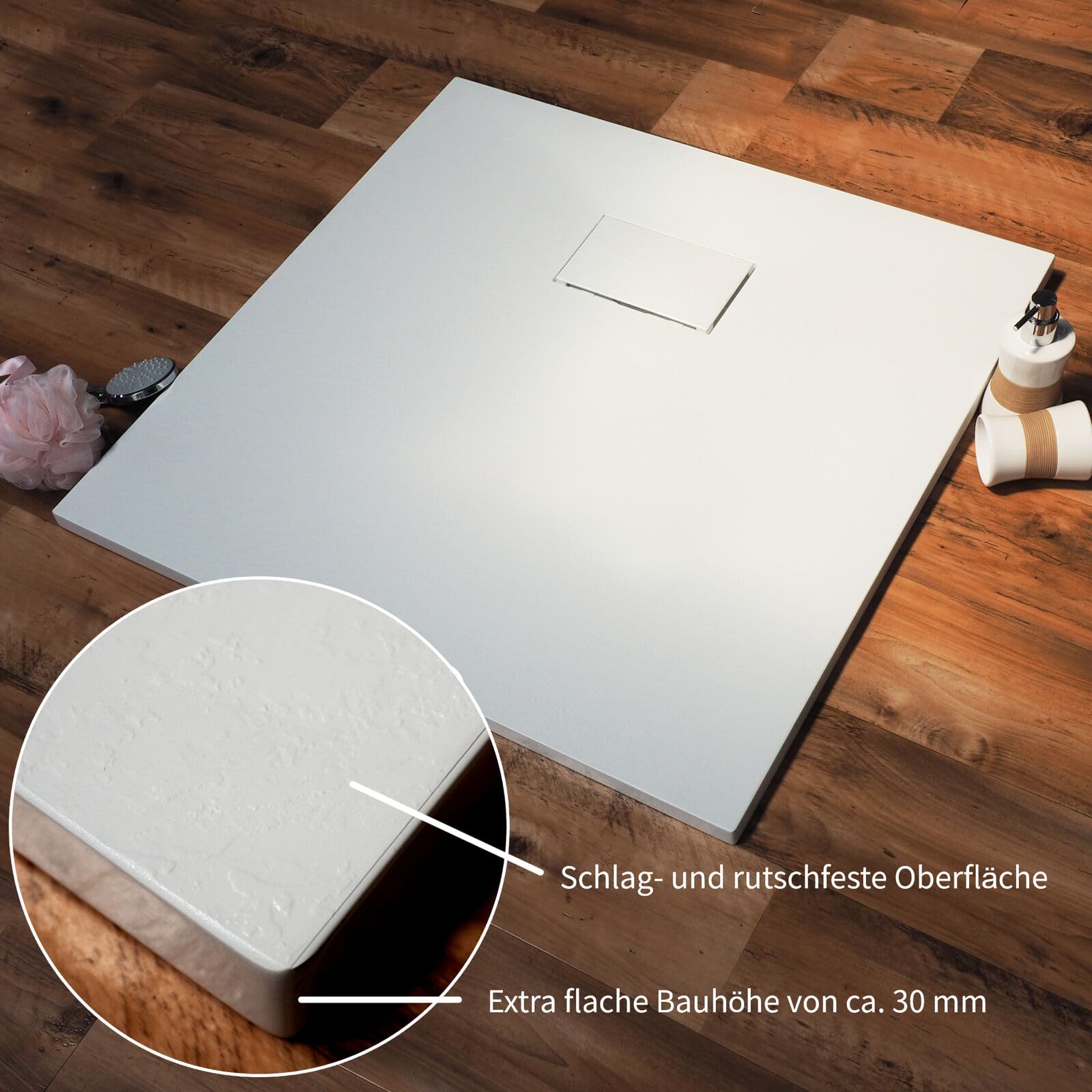 WITEN&NOCK SMC Duschwanne 170x80cm weiß Antirutsch Höhe 32mm inkl. Siphon | Superflach Duschtasse Steinoptik inkl. Edelstahl-Abflussrinne & Ø 90 mm Ablaufgarnitur, bruchfest, zuschneidbar, hygienisch