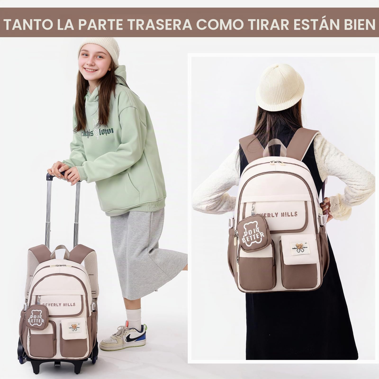 IvyH Mochila con Ruedas para Niñas Niños, Mochila Escolar Adolescentes 6 Ruedas, Carro Mochila Primaria para Chicas Chicos (Marrón)