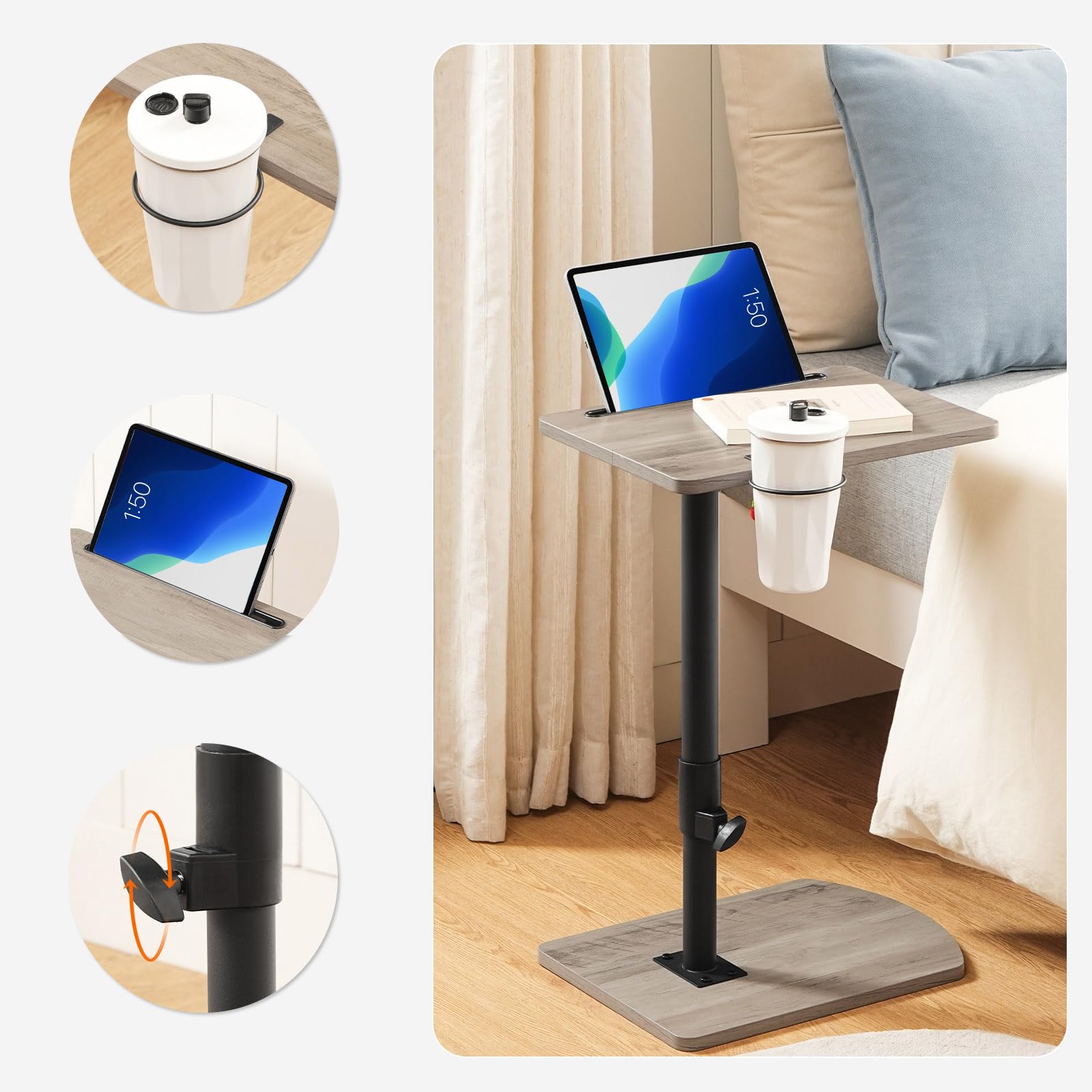 HOOBRO Tavolino a Forma di C Regolabile in Altezza, Tavolino Divano Rotazione 360°, con Portabicchieri Rimovibile e Slot per Tablet, Grigio Invecchiato e Nero EBG34SF01