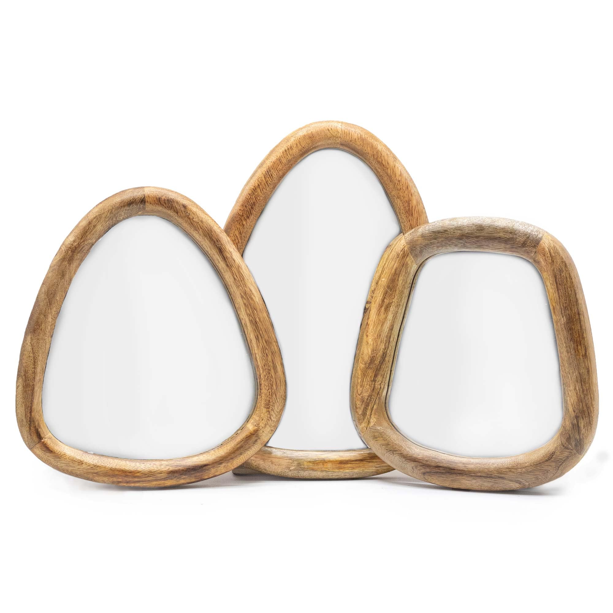 Ancient Wisdom Dark Brown Pebble Shaped Wall Mirrors, Set Of 3, Mango Wood Frame, 30 X 20.5 Cm, 20 X 22 Cm, 22 X 24.5 Cm