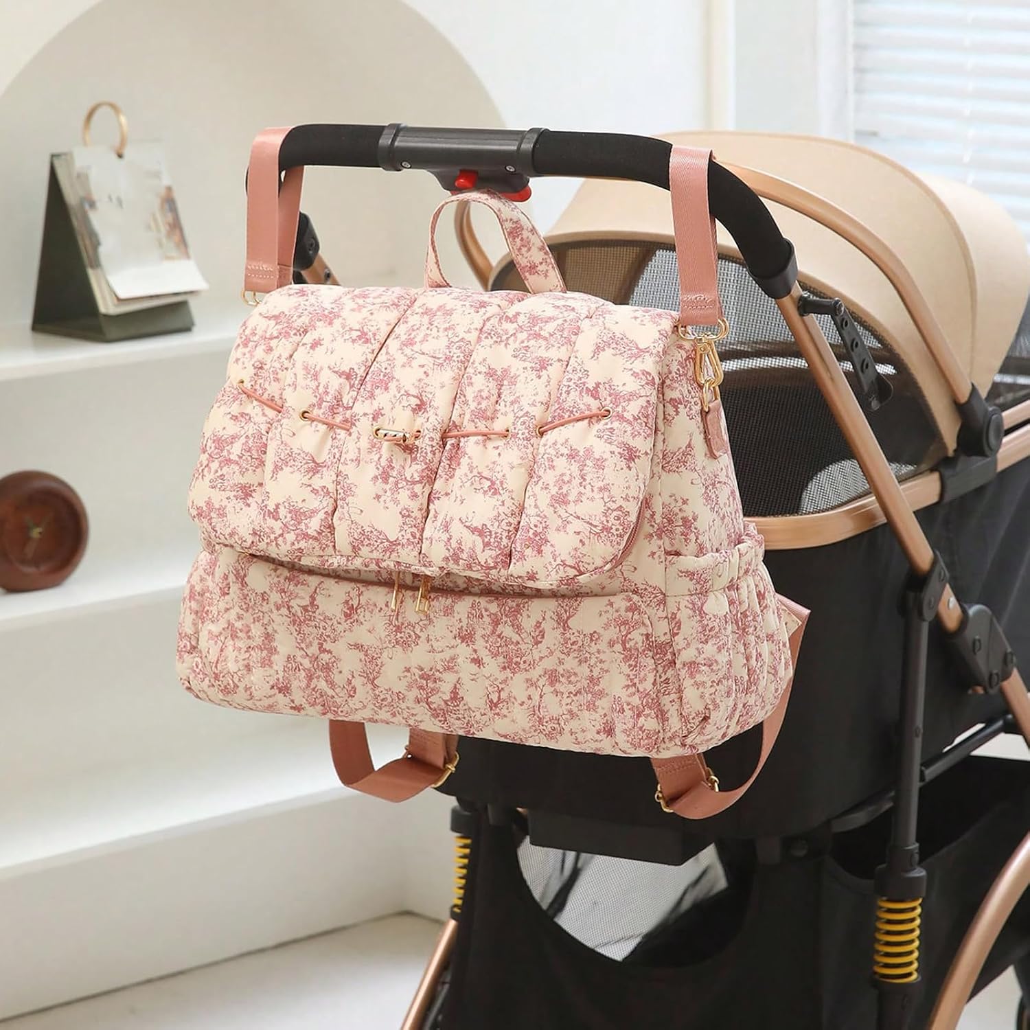 Lushandy Quilted Diaper Bag Backpack, Vintage Floral Puffer Diaper Backpack Large Baby Travel Bag Mom Hospital Bag
