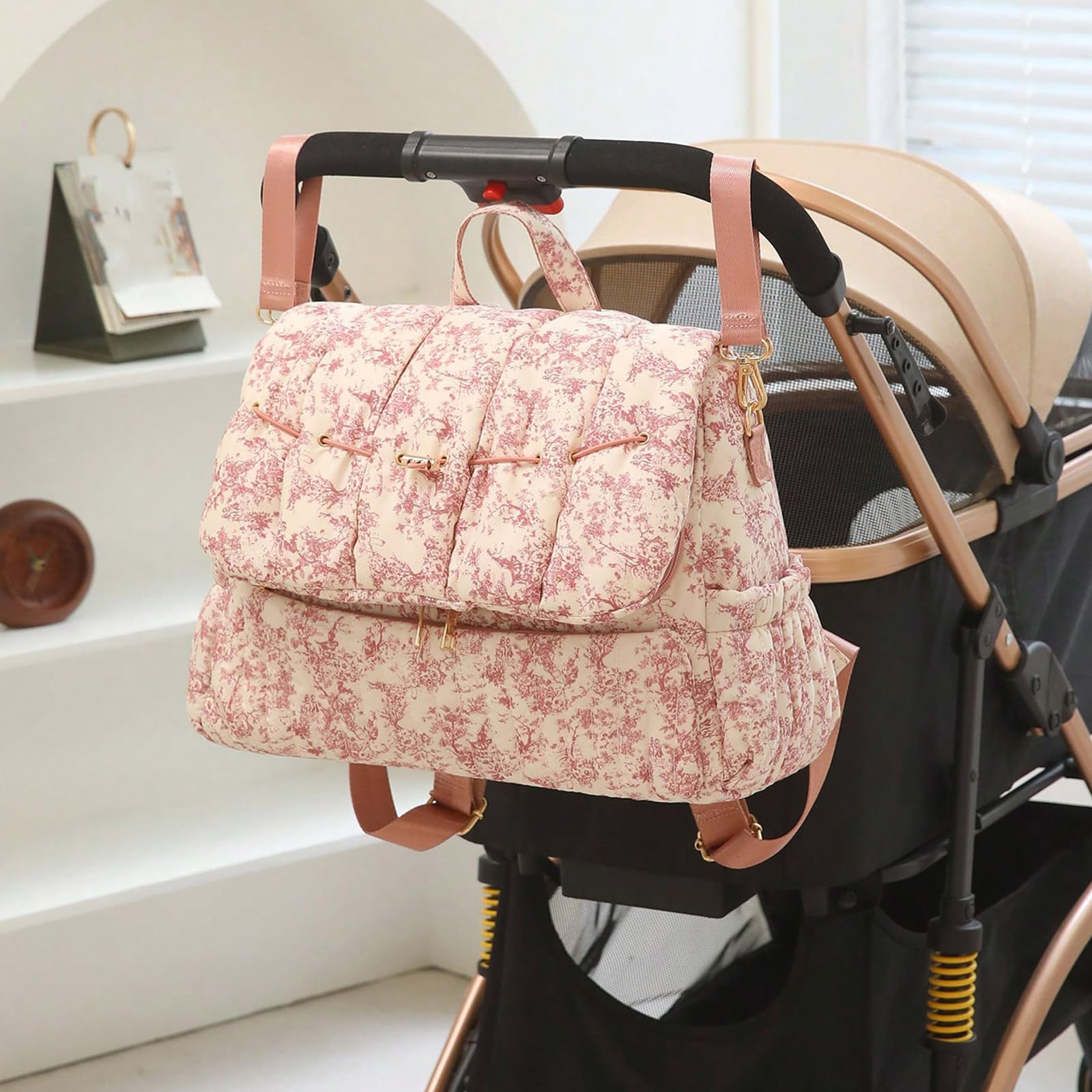 Borsa fasciatoio floreale per pannolini, zaino in cotone trapuntato, borsa da viaggio per bambini, borsa da viaggio per bambini, borsa da ospedale per mamma, baby shower, regalo da viaggio con cinghie