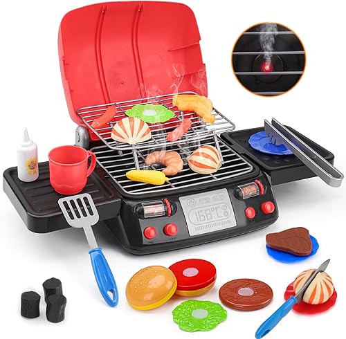 Miniatura 9 de Juego de parrilla para niños, juguetes de cocina con sombrero de delantal para cocinar alimentos, luz de humo, accesorios de juego de simulación al